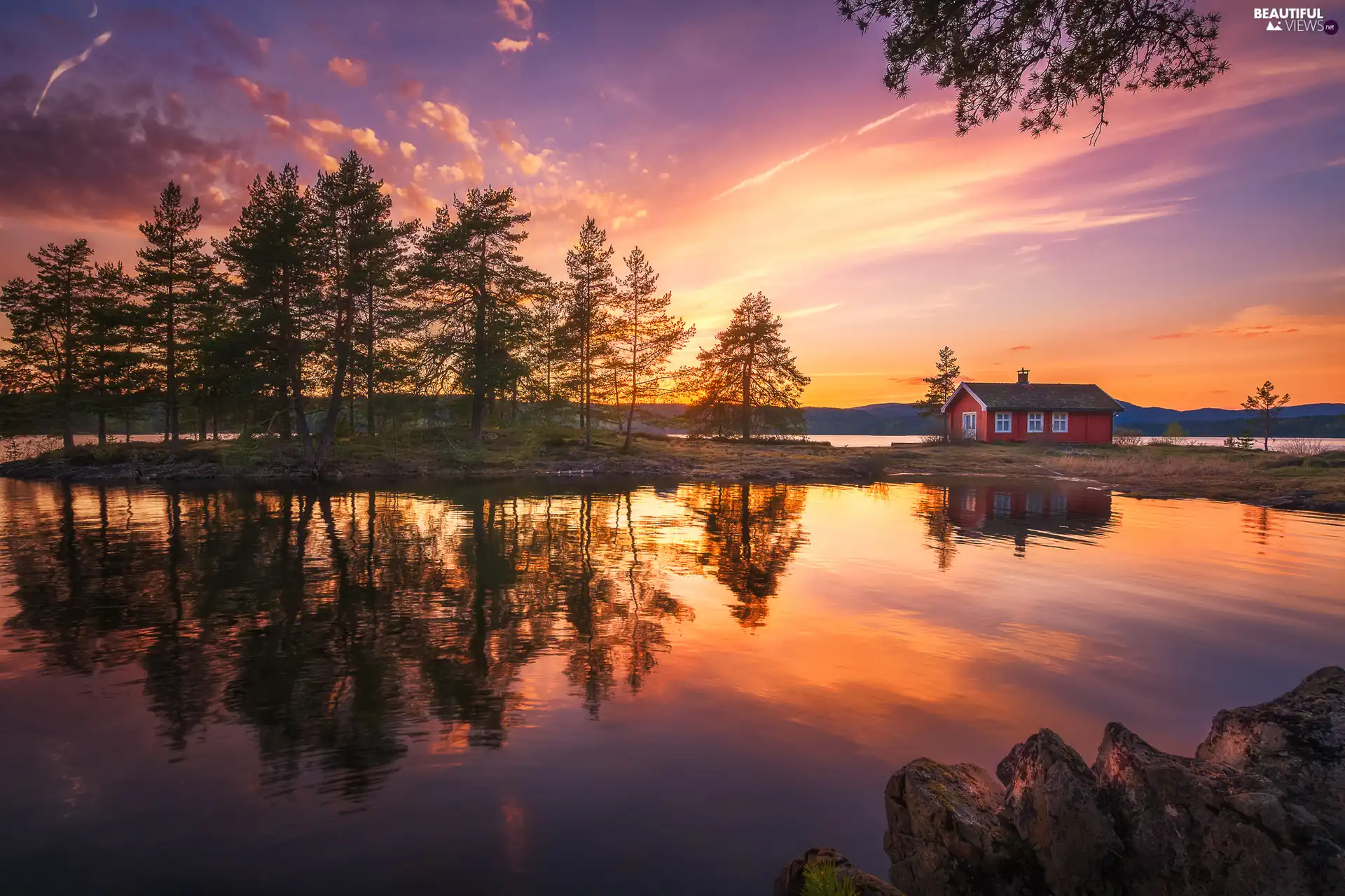 Vaeleren Lake, Norway, viewes, Great Sunsets, trees, Ringerike