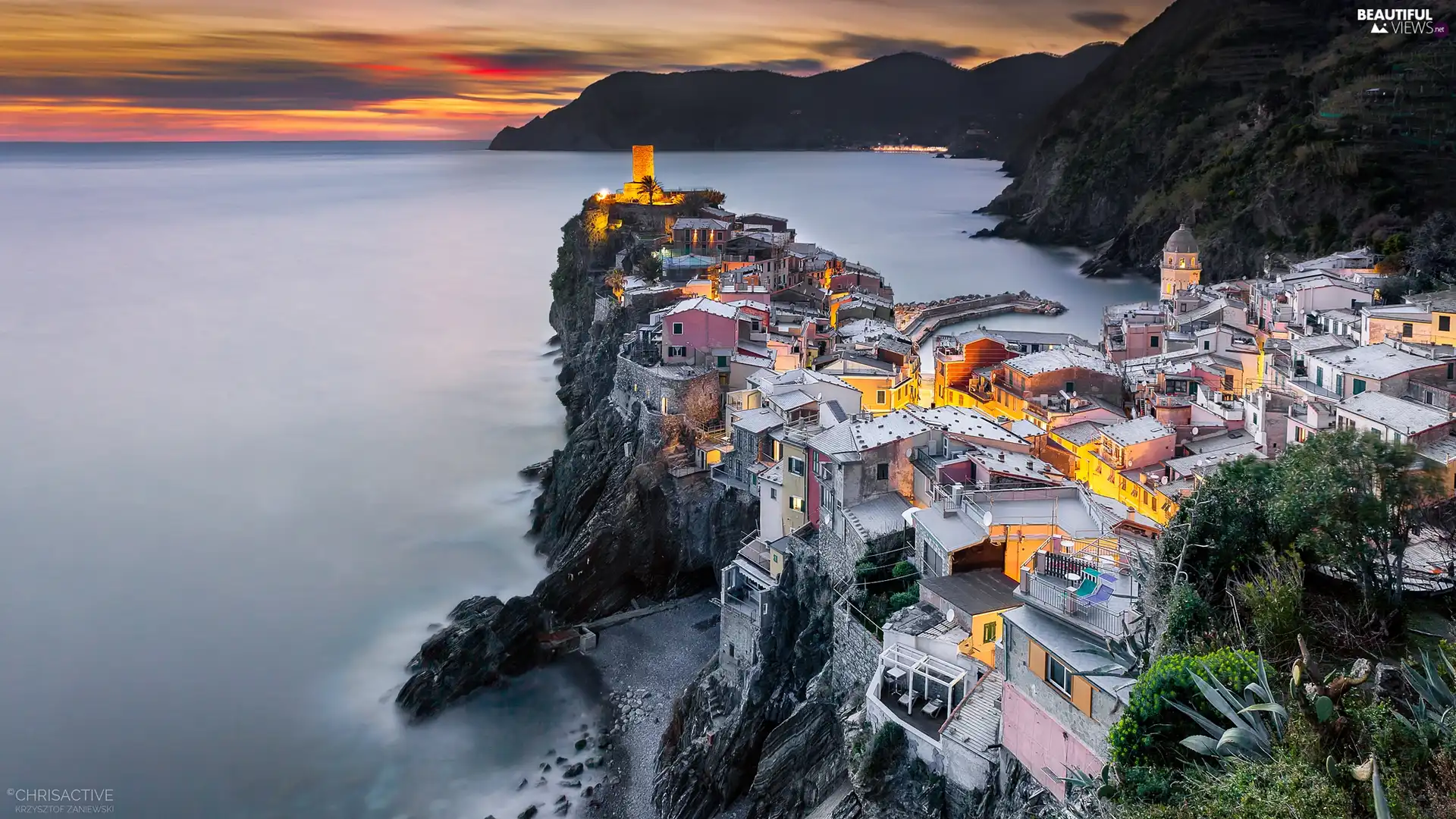 color, Great Sunsets, Riomaggiore, Italy, Houses, sea