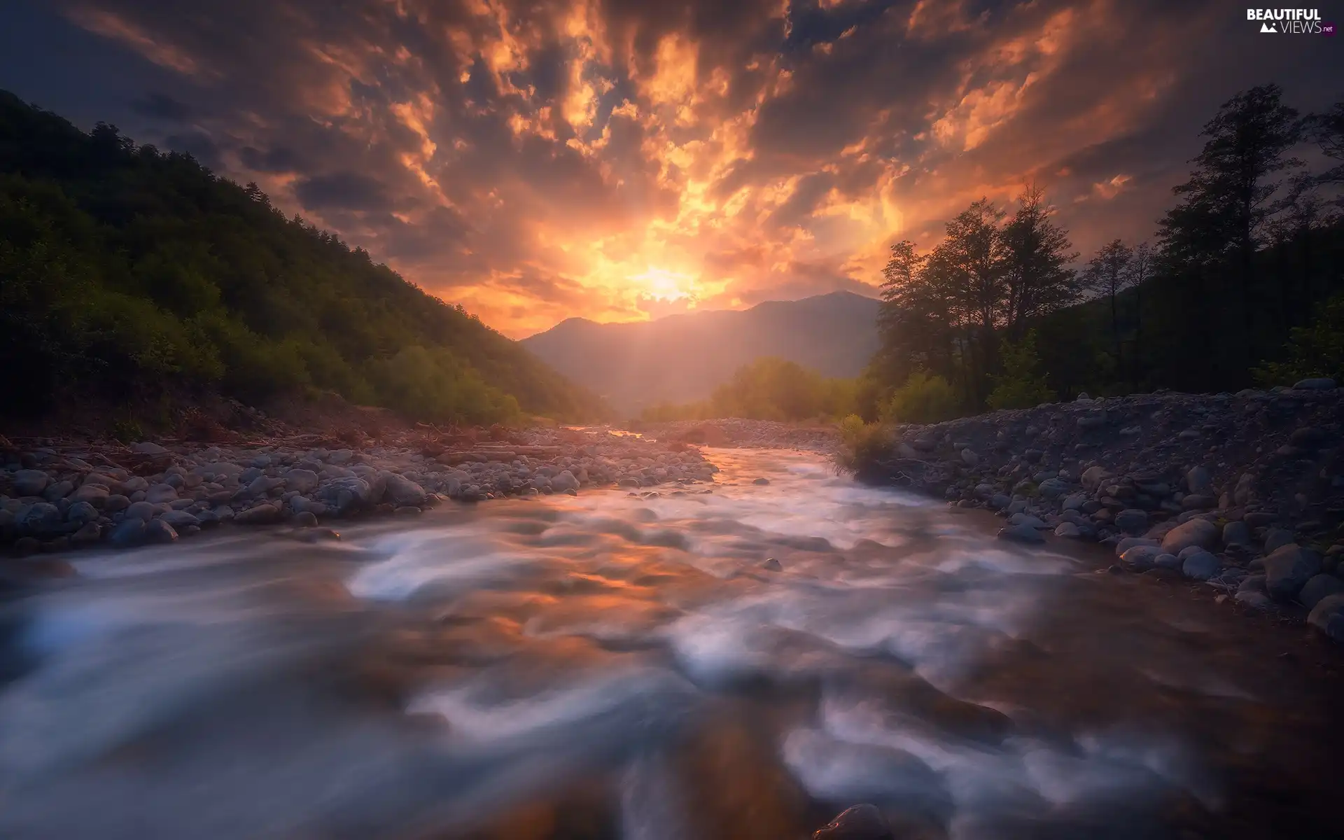 Stones, trees, Racha-Lechkhumi Region, viewes, Rioni River, Great Sunsets, Georgia