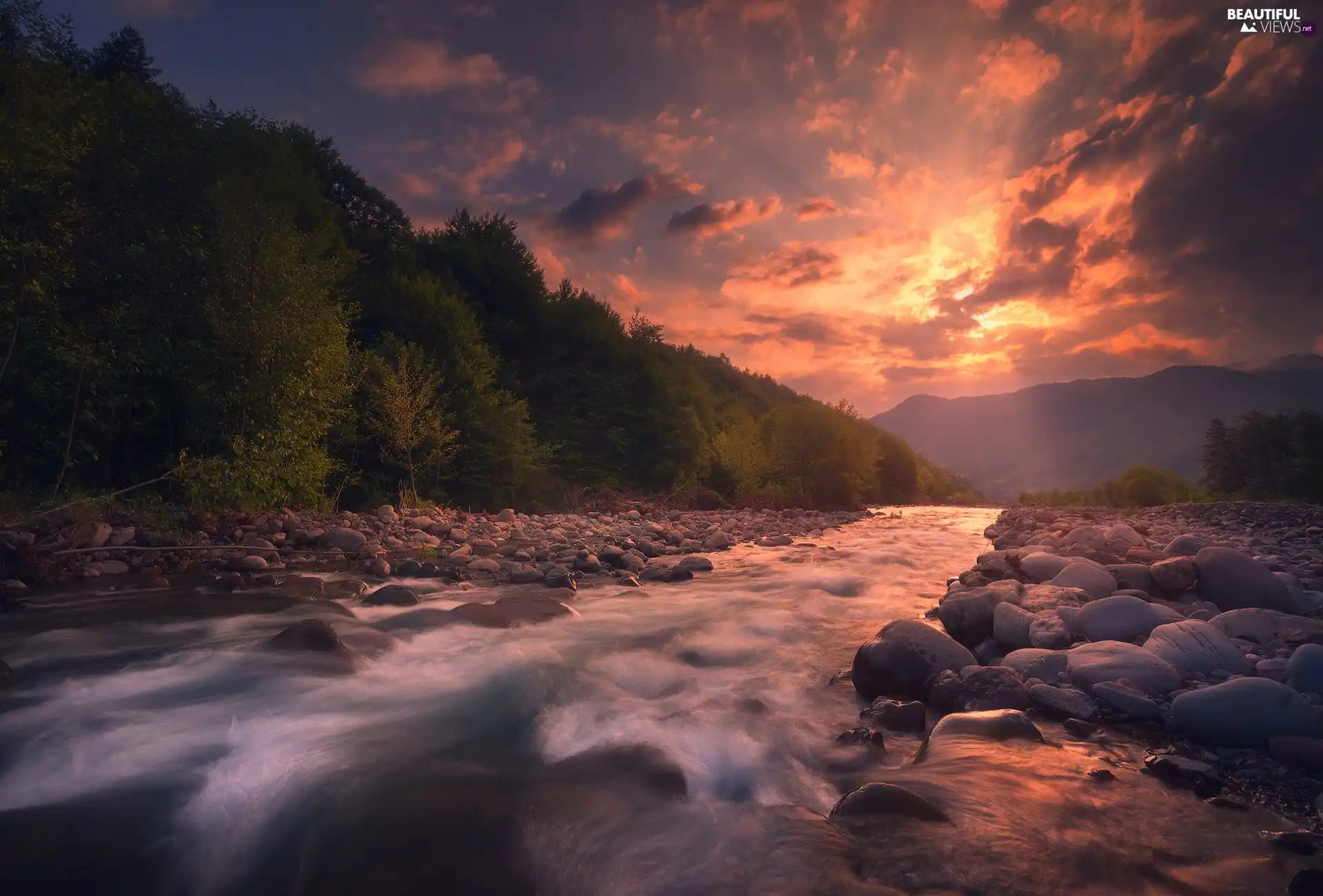Georgia, Great Sunsets, viewes, Mountains, trees, Racha-Lechkhumi Region, Rioni River, Stones