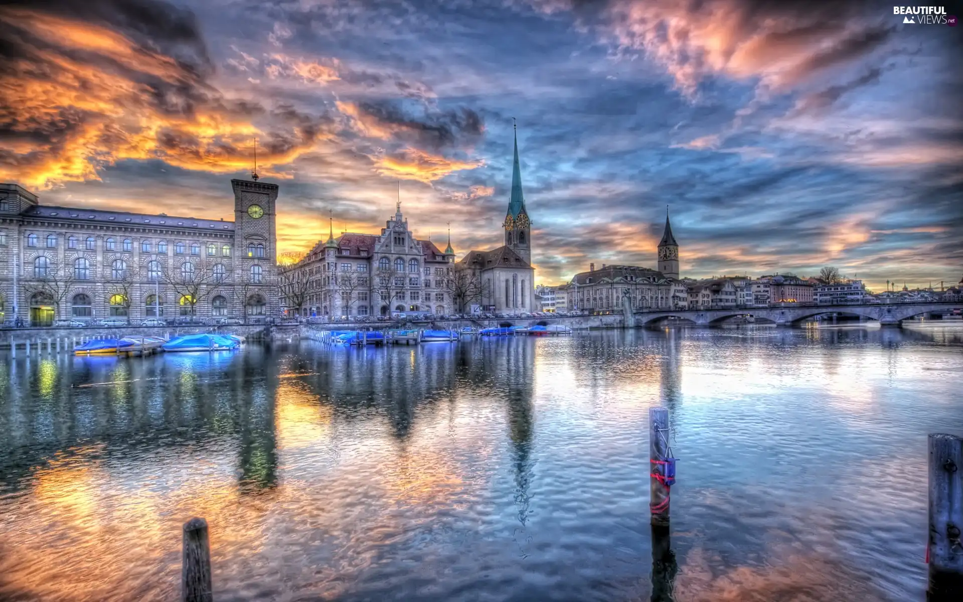 River, bridge, Zurich, Town, Switzerland