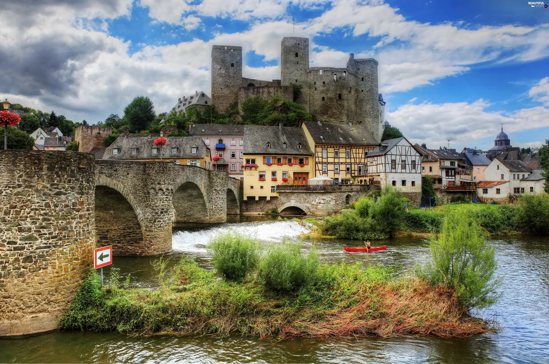 Castle, fragment, stone, towns, Runkel, River, bridge