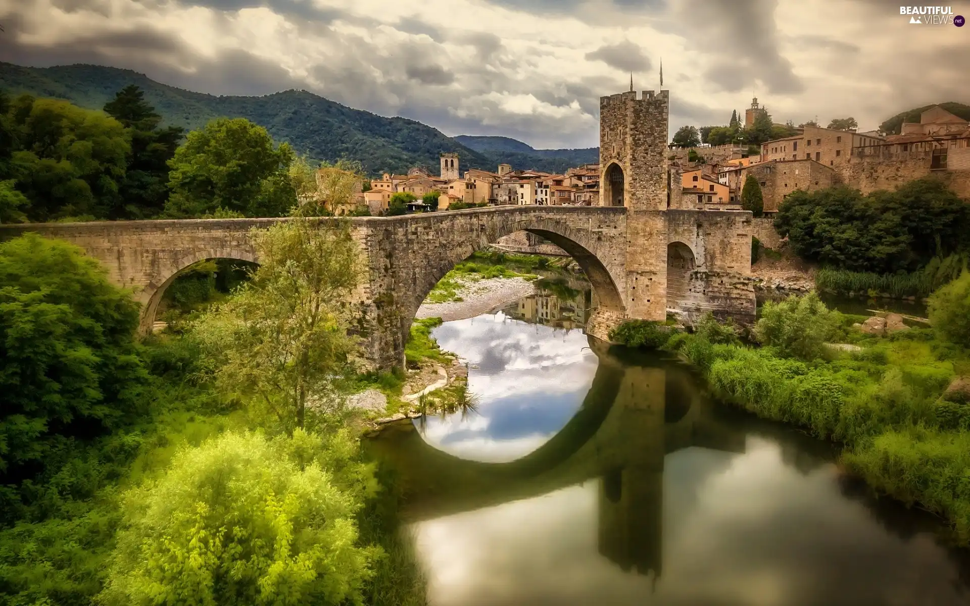 River, Bush, Spain, bridge, Besalu