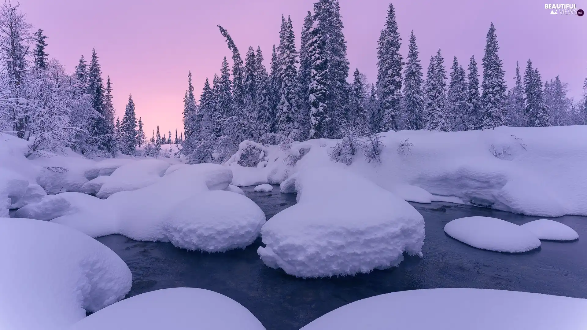 Snowy, winter, viewes, River, trees, drifts