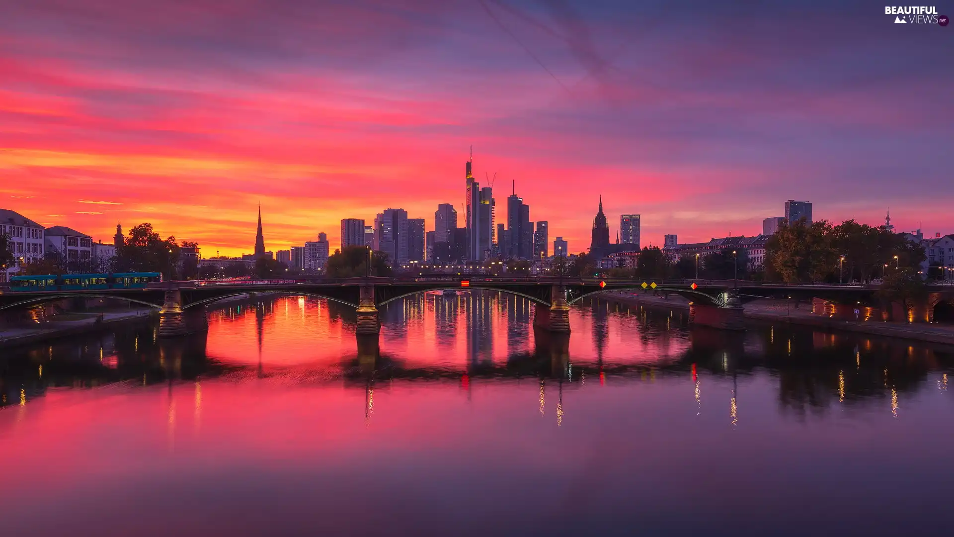 River Men, Great Sunsets, Frankfurt am Main, Germany, evening, bridge