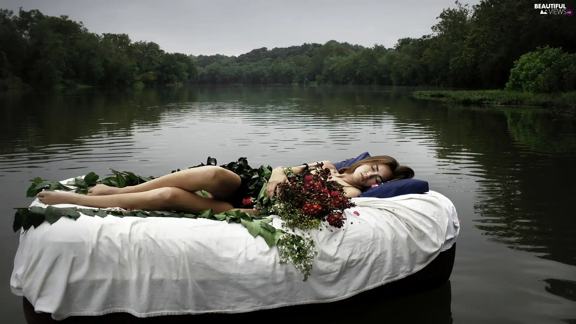 River, Women, Flowers, dream, White Bed, forest