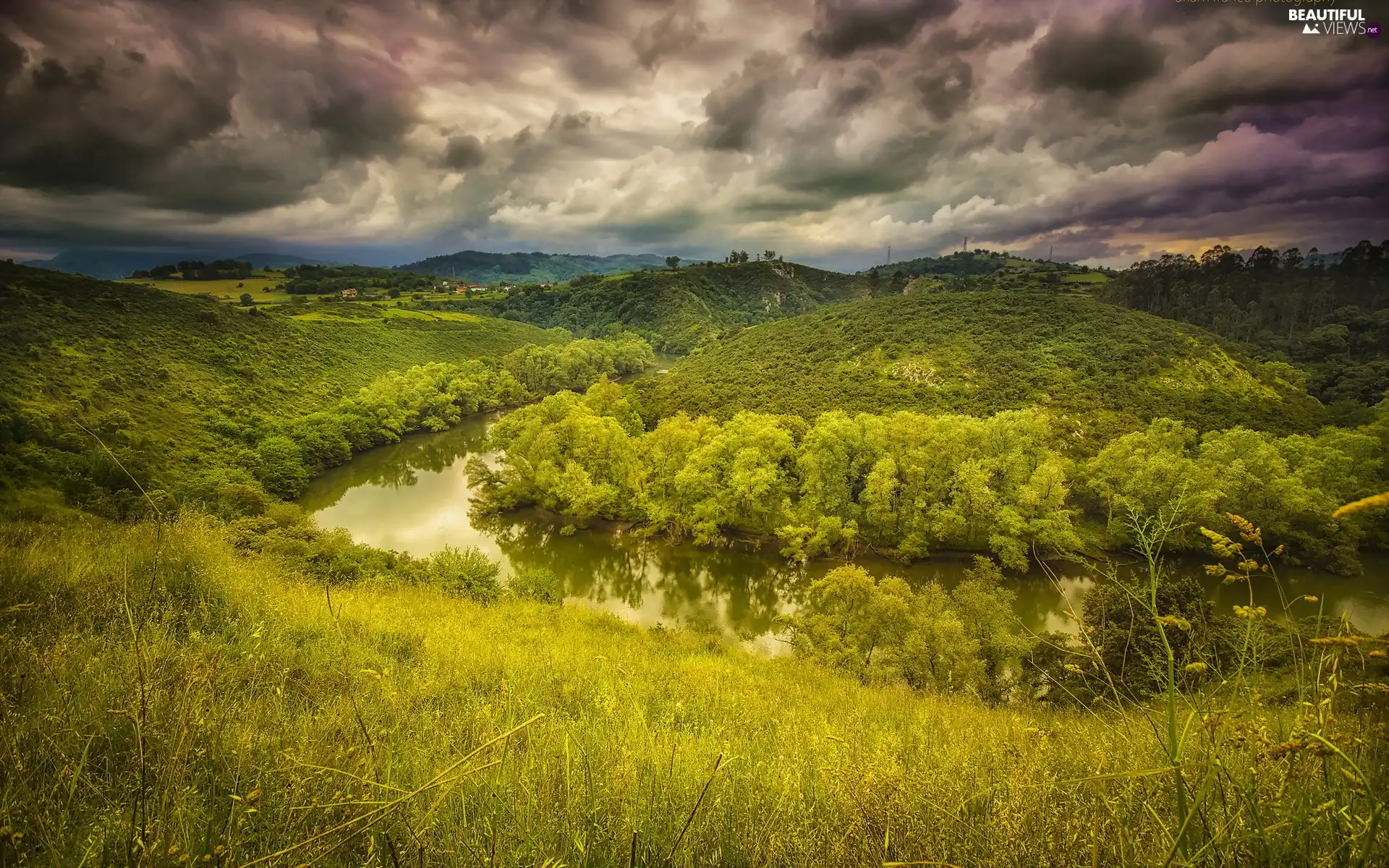 River, clouds, forest