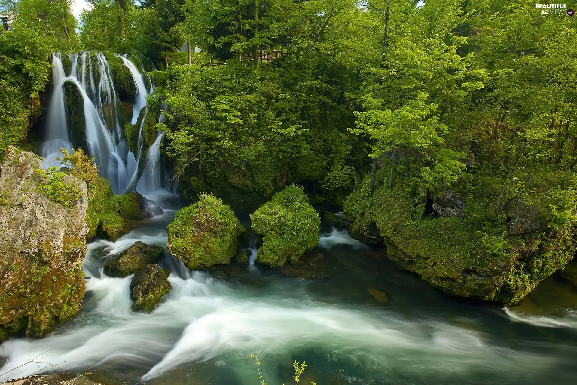 Mountain, trees, waterfall, viewes, rocks, River, green