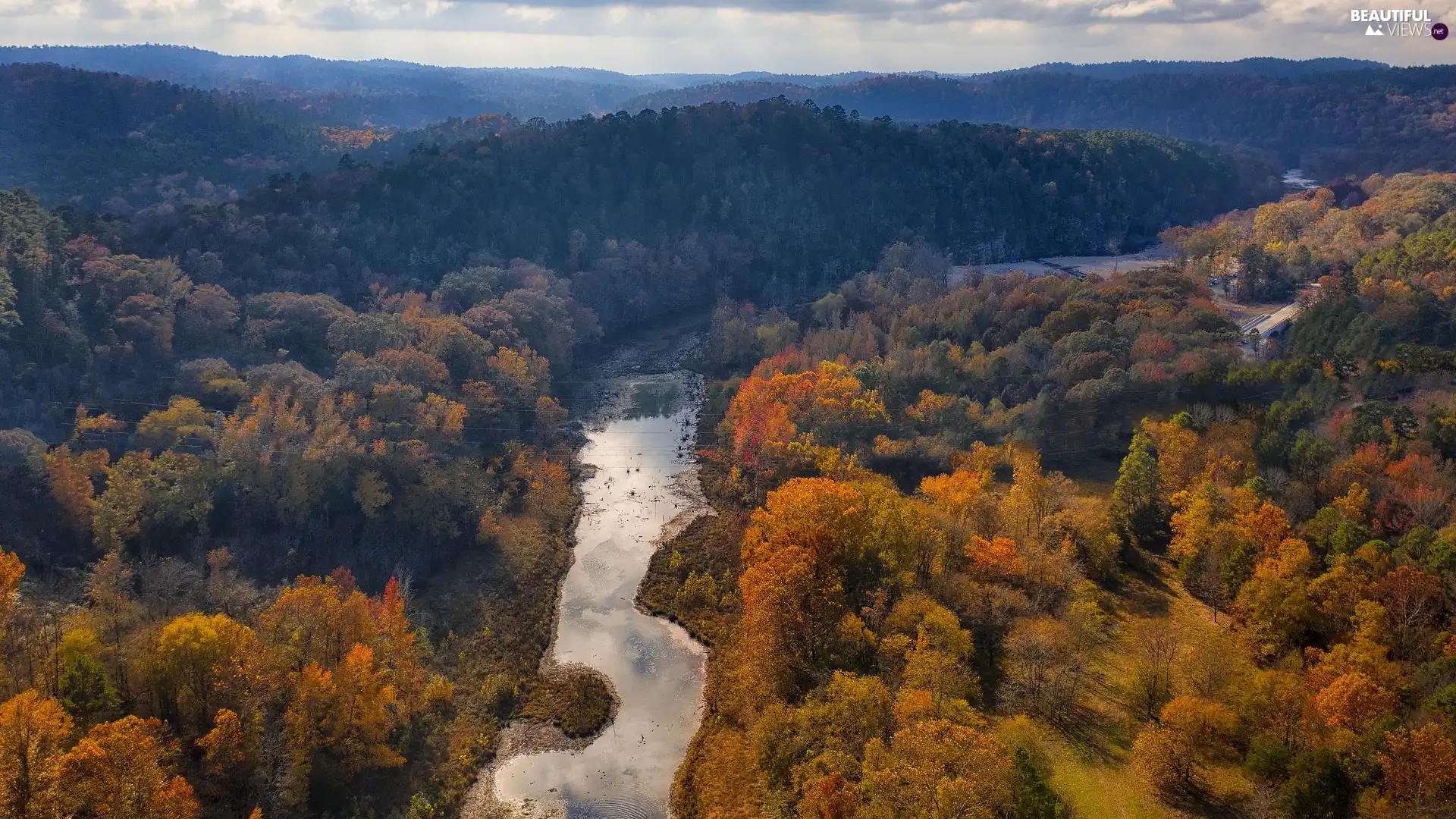 woods, The Hills, viewes, autumn, Mountains, trees, River