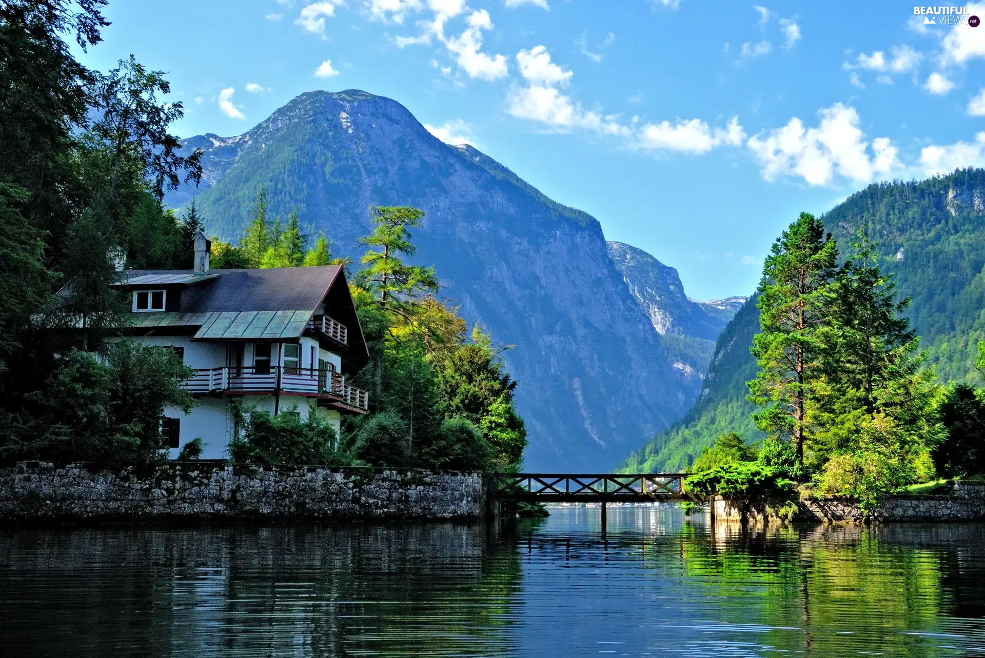 house, Mountains, River, bridges