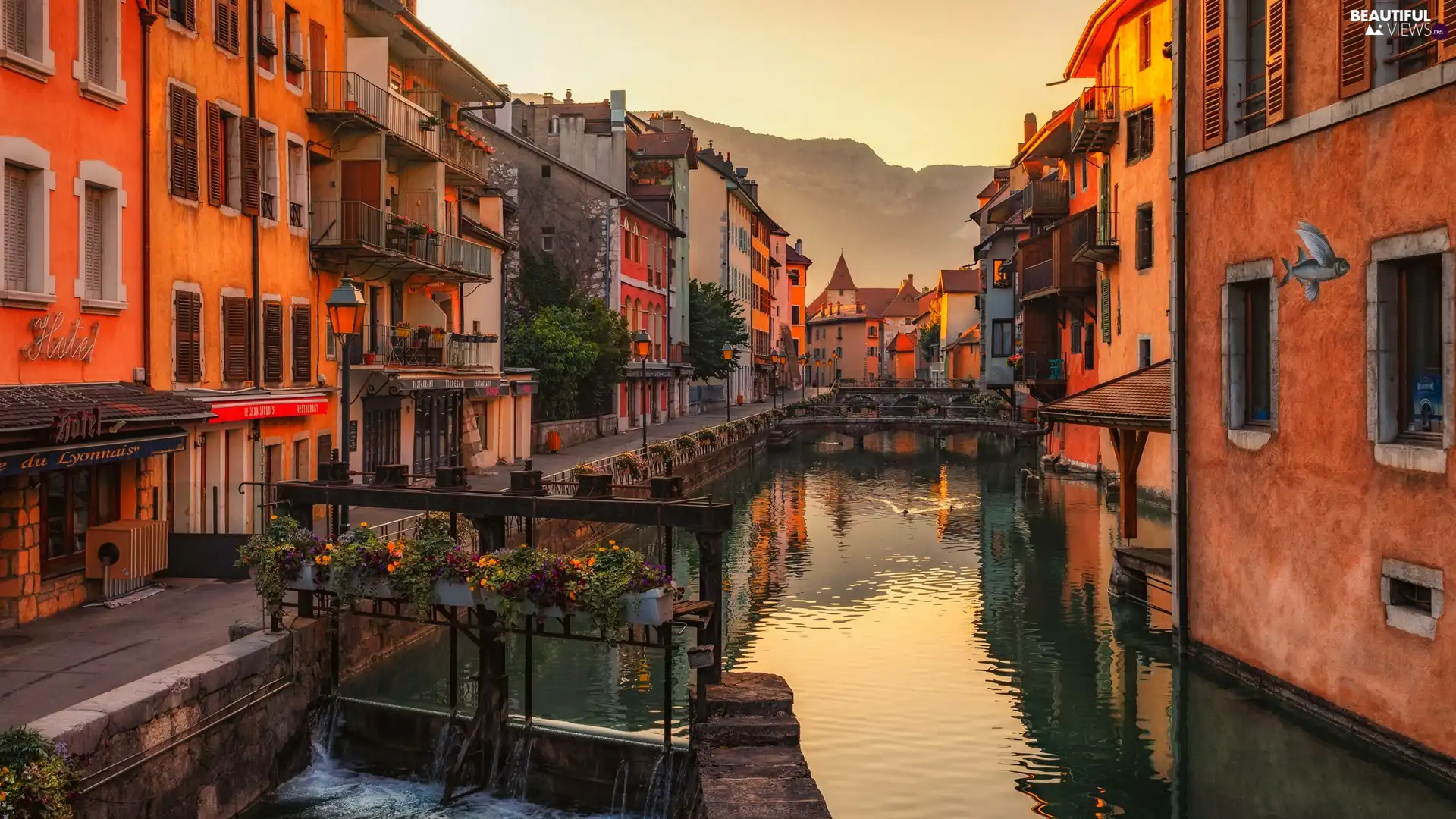 canal, River, Houses, Bridges, color