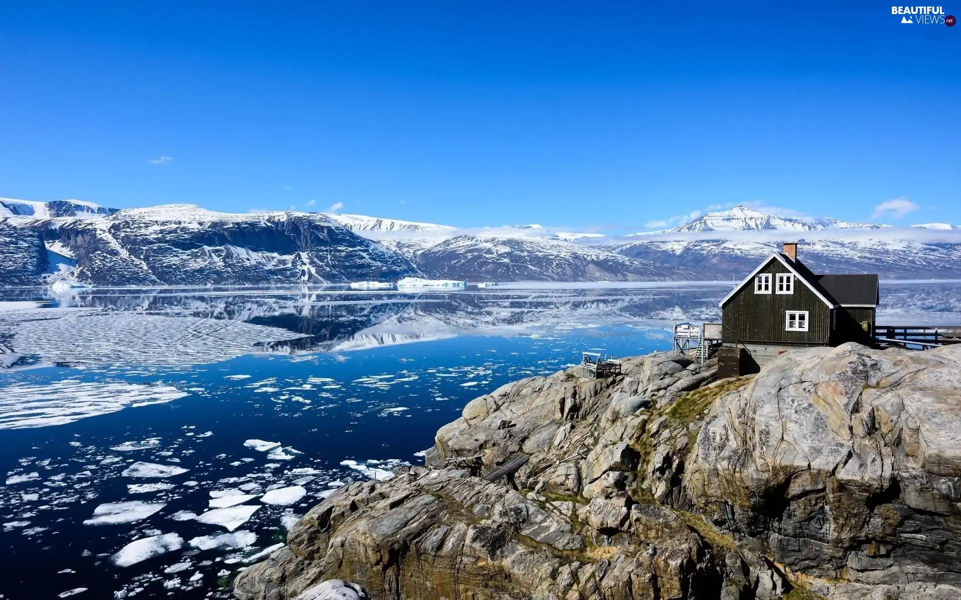 house, Uummannaq Island, River, winter, Mountains, Greenland