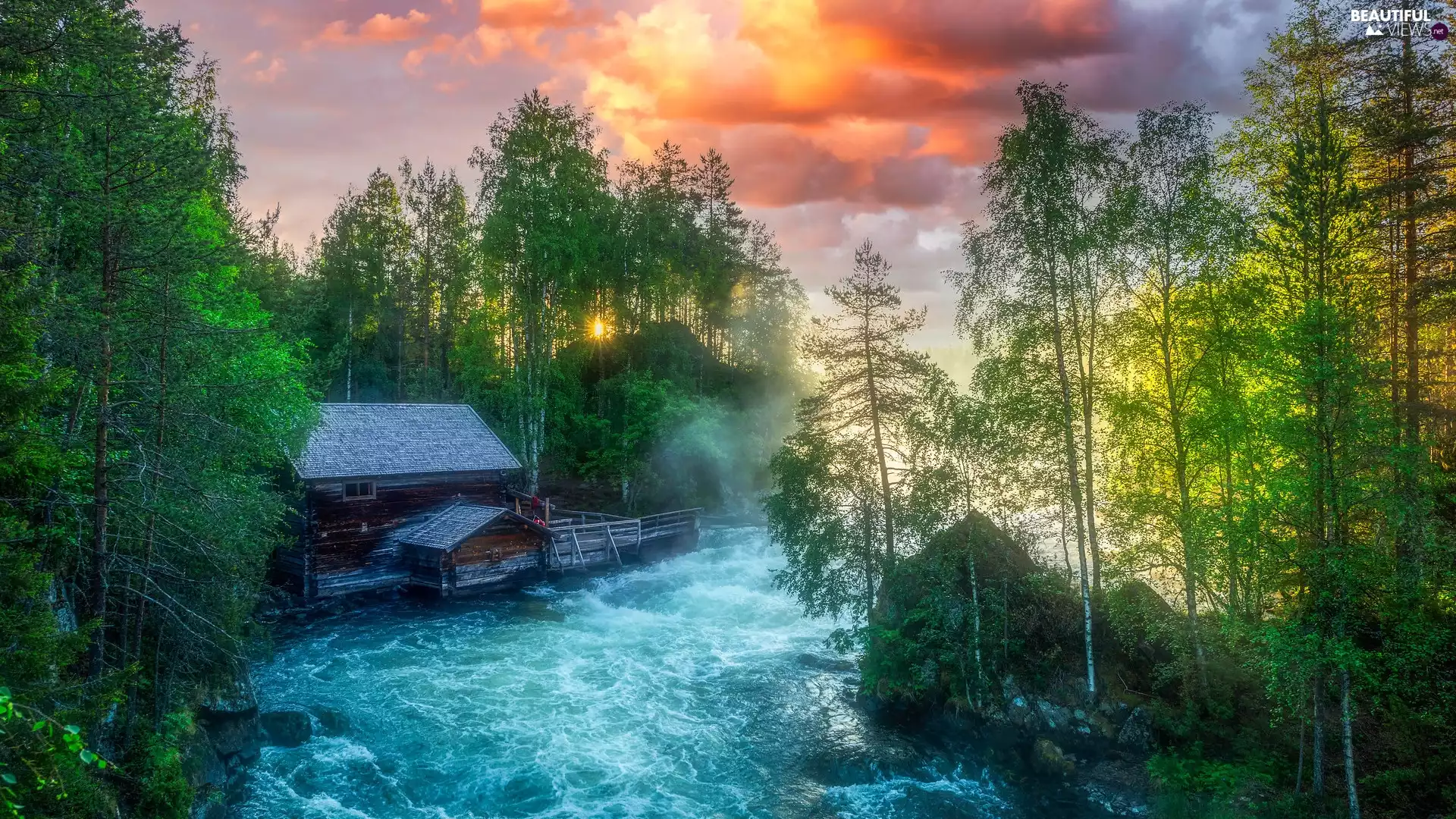 Oulanka National Park, green ones, viewes, Lapland, River, forest, trees, Finland, Kuusamo Municipality, Myllykoski Mill