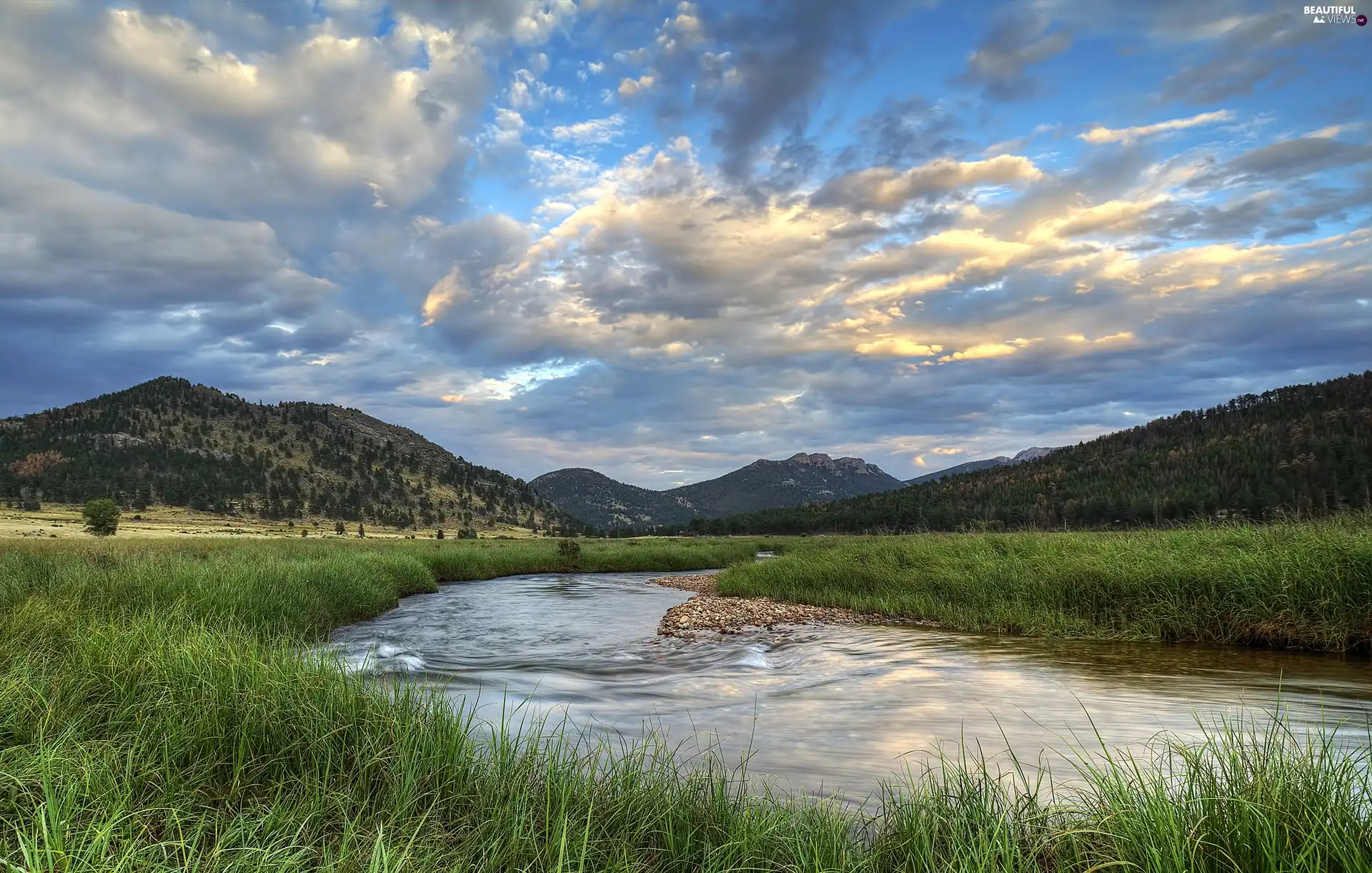 River, medows, Clouds, Sky, Mountains