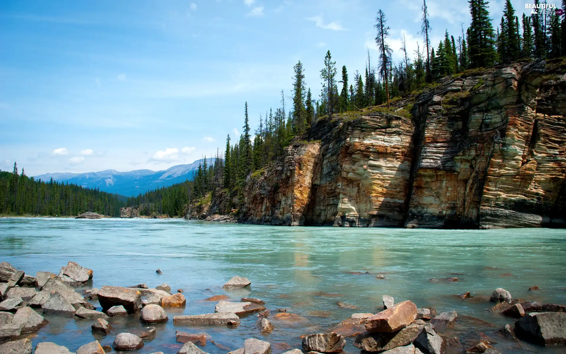 Mountains, rocks, River, woods