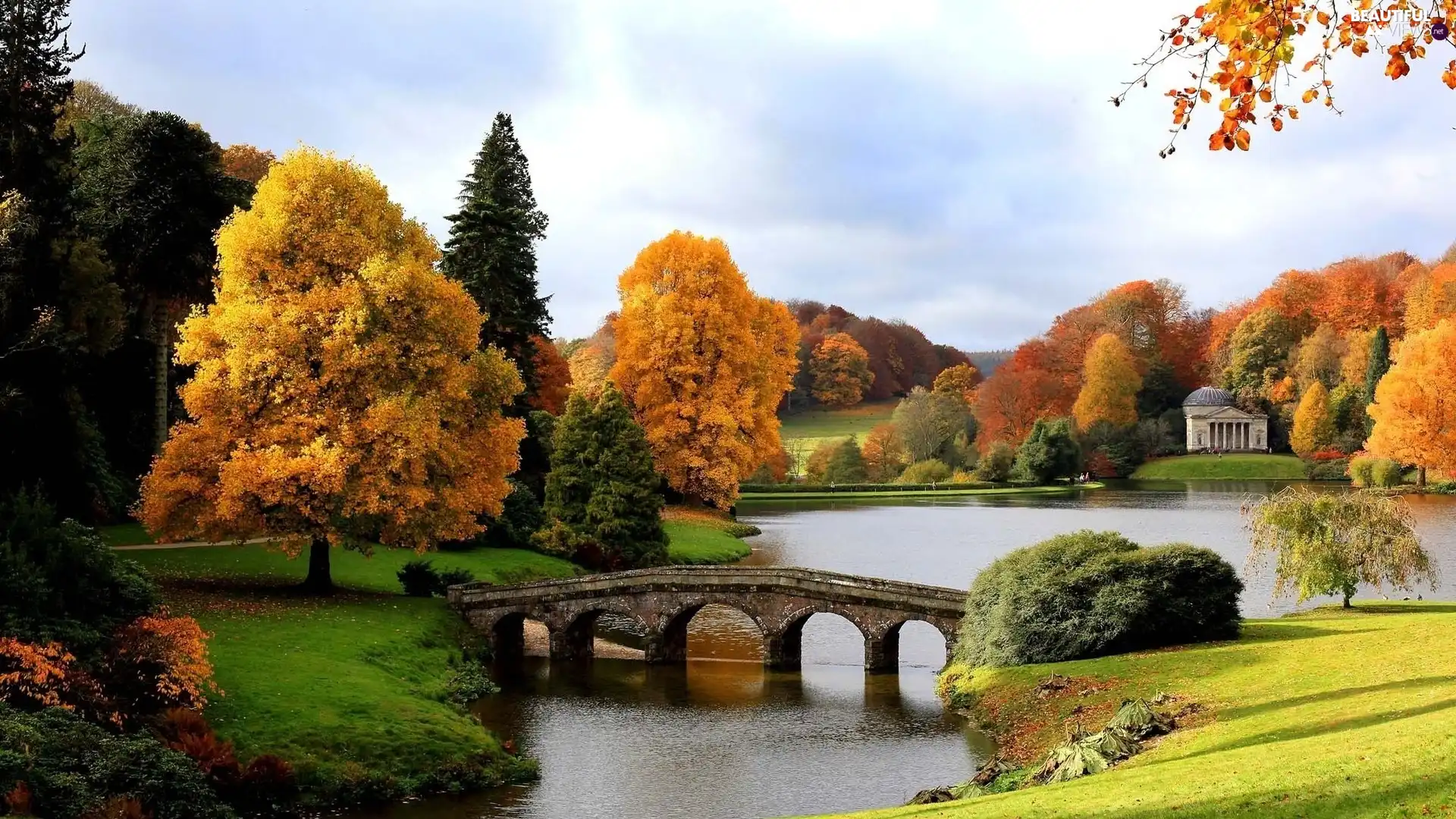 grass, trees, bridges, viewes, Park, River, Sky