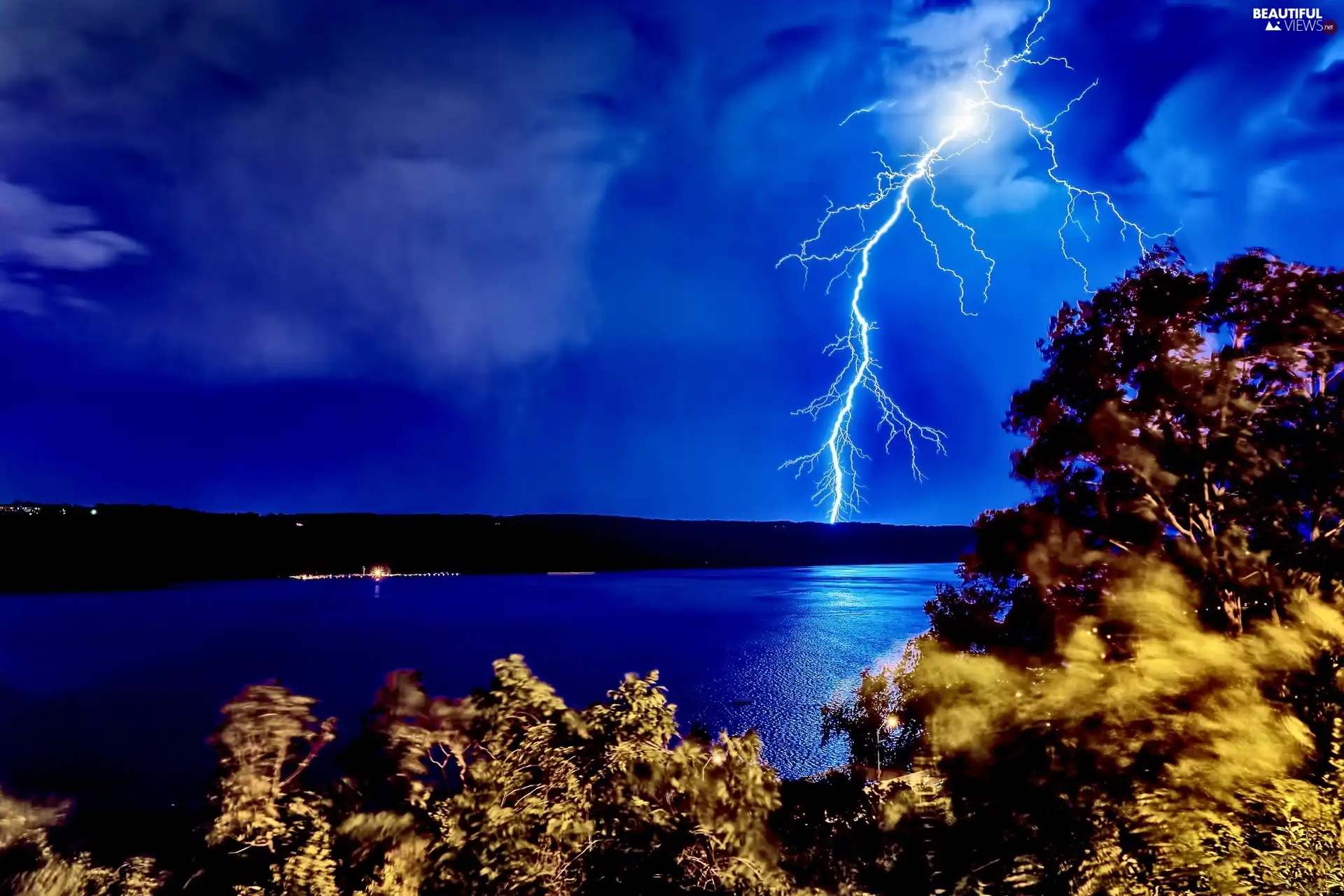Storm, Night, River, lightning