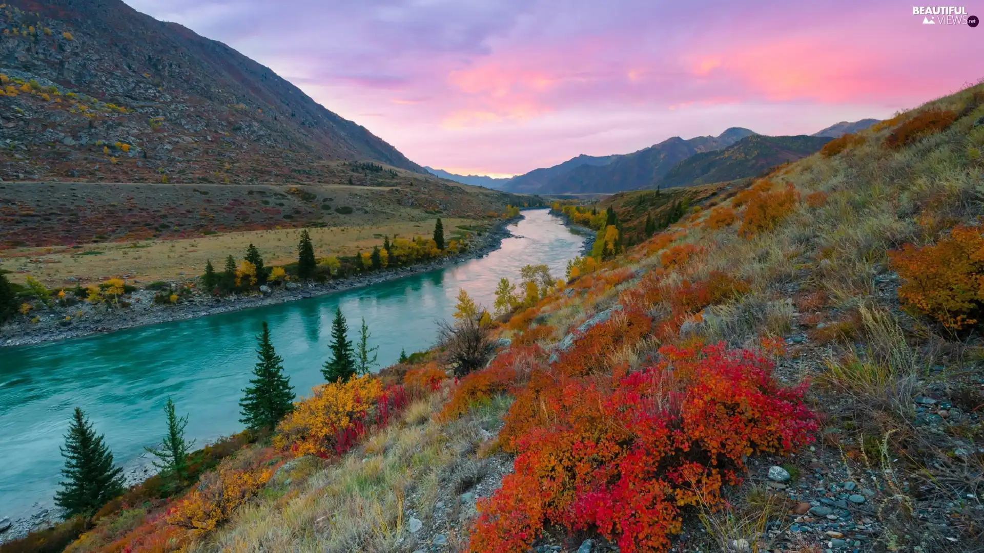 color, Plants, Mountains, River, Great Sunsets