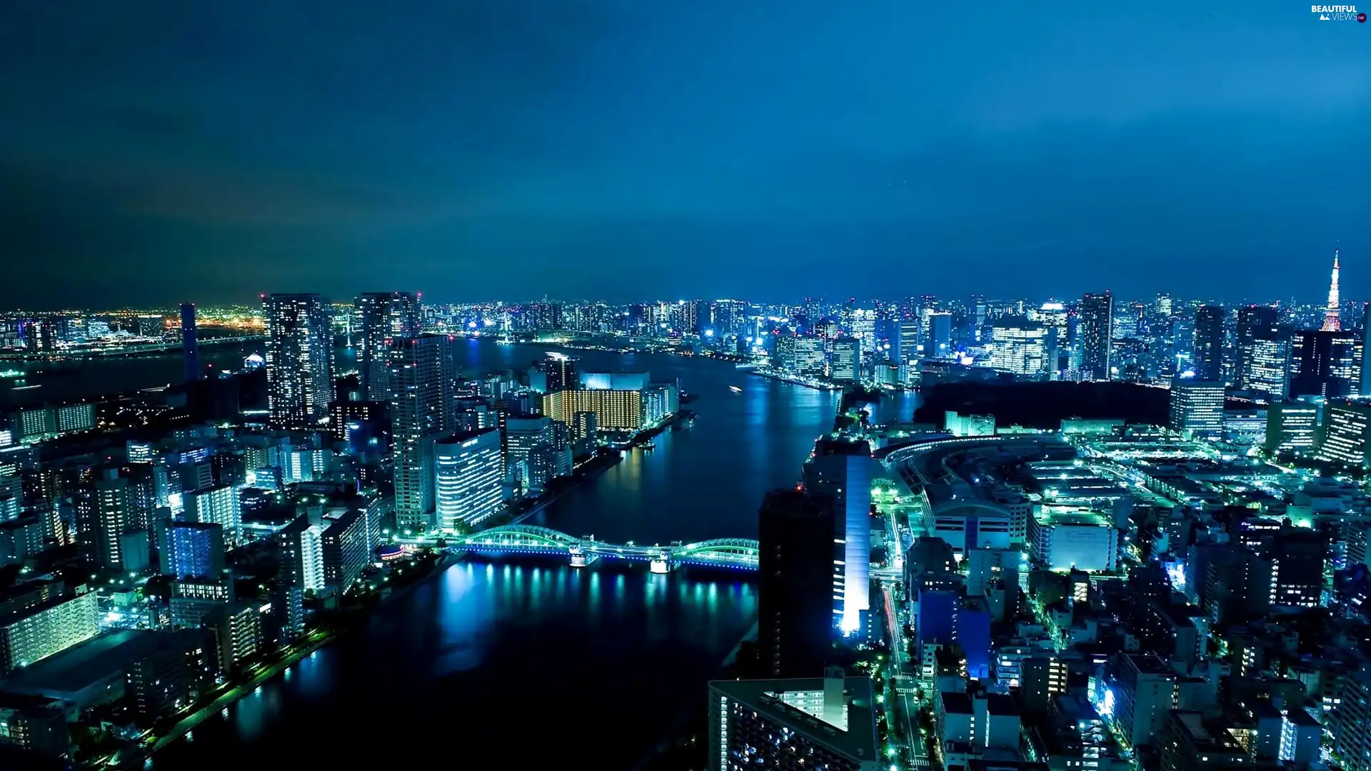 clouds, skyscrapers, River, Sumida, panorama, town, Tokio, nigh, bridge