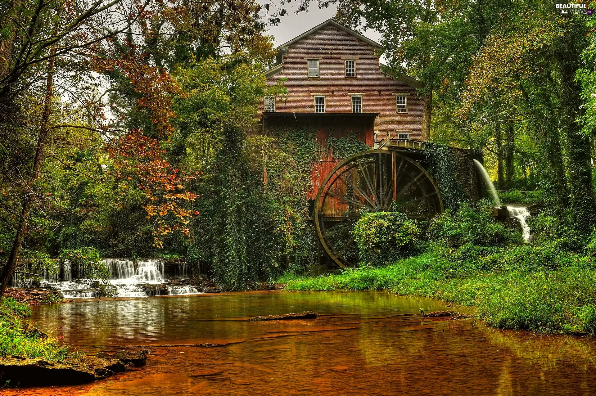 River, Old car, trees, viewes, cascade, Windmill