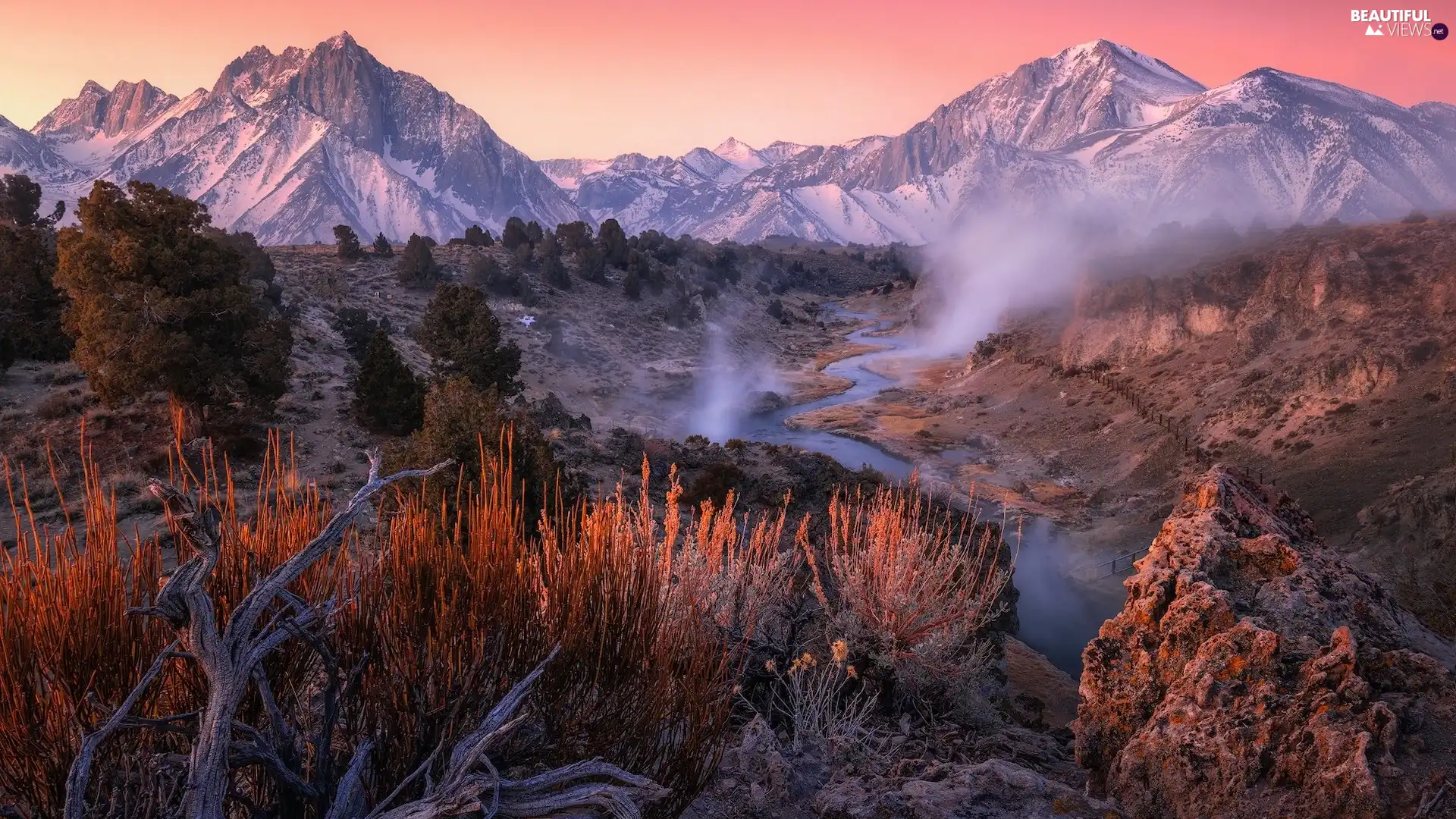 Fog, Mountains, VEGETATION, River, Snowy, autumn, rocks