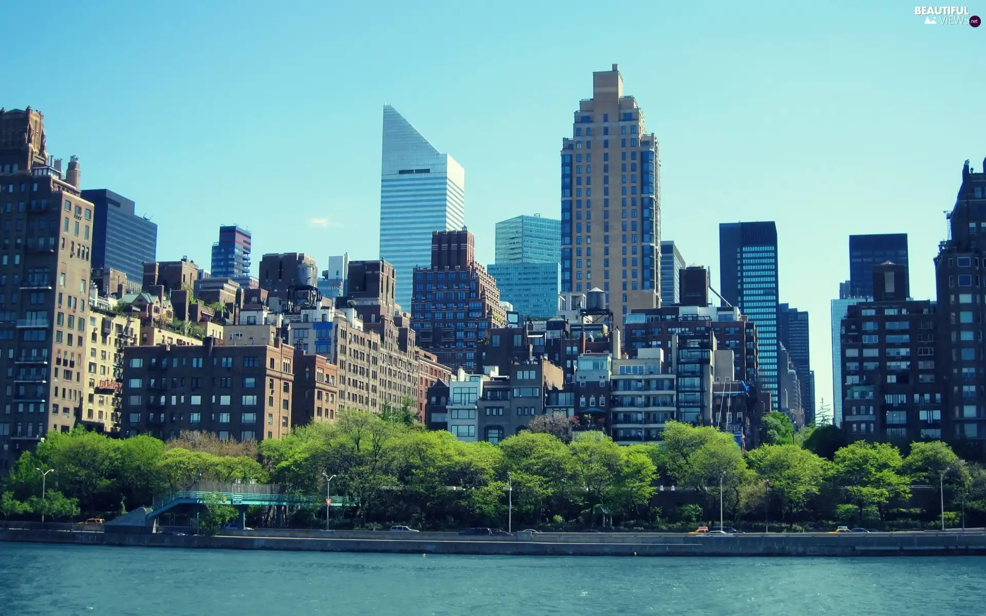 View, skyscrapers, River, town