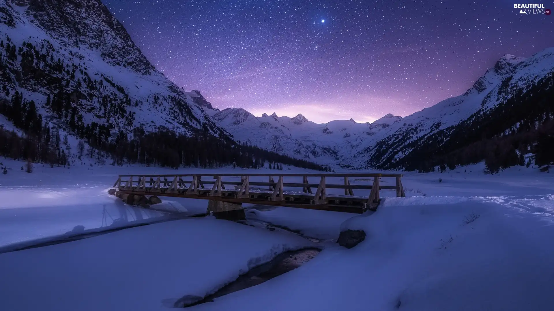 bridges, Mountains, viewes, River, winter, trees, star