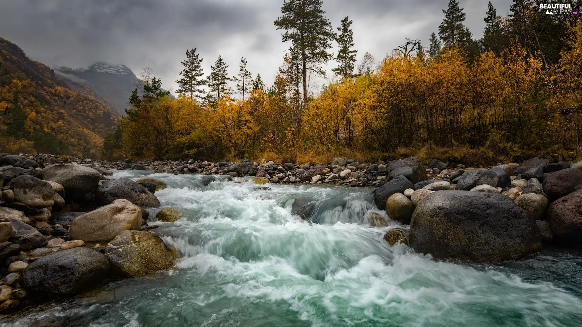 Stones, tear, viewes, River, autumn, trees, Mountains