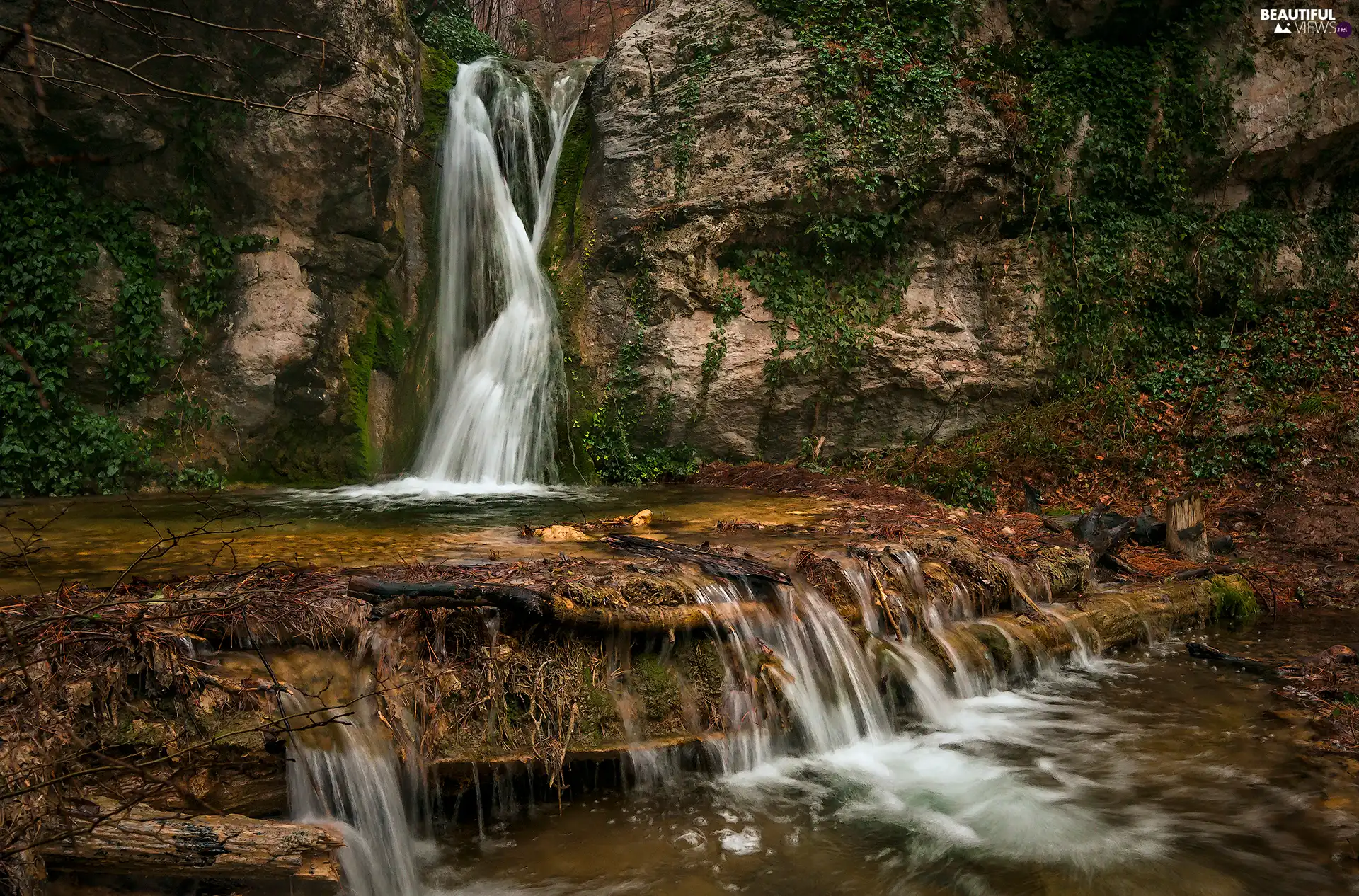 waterfall, rocks, Plants, River