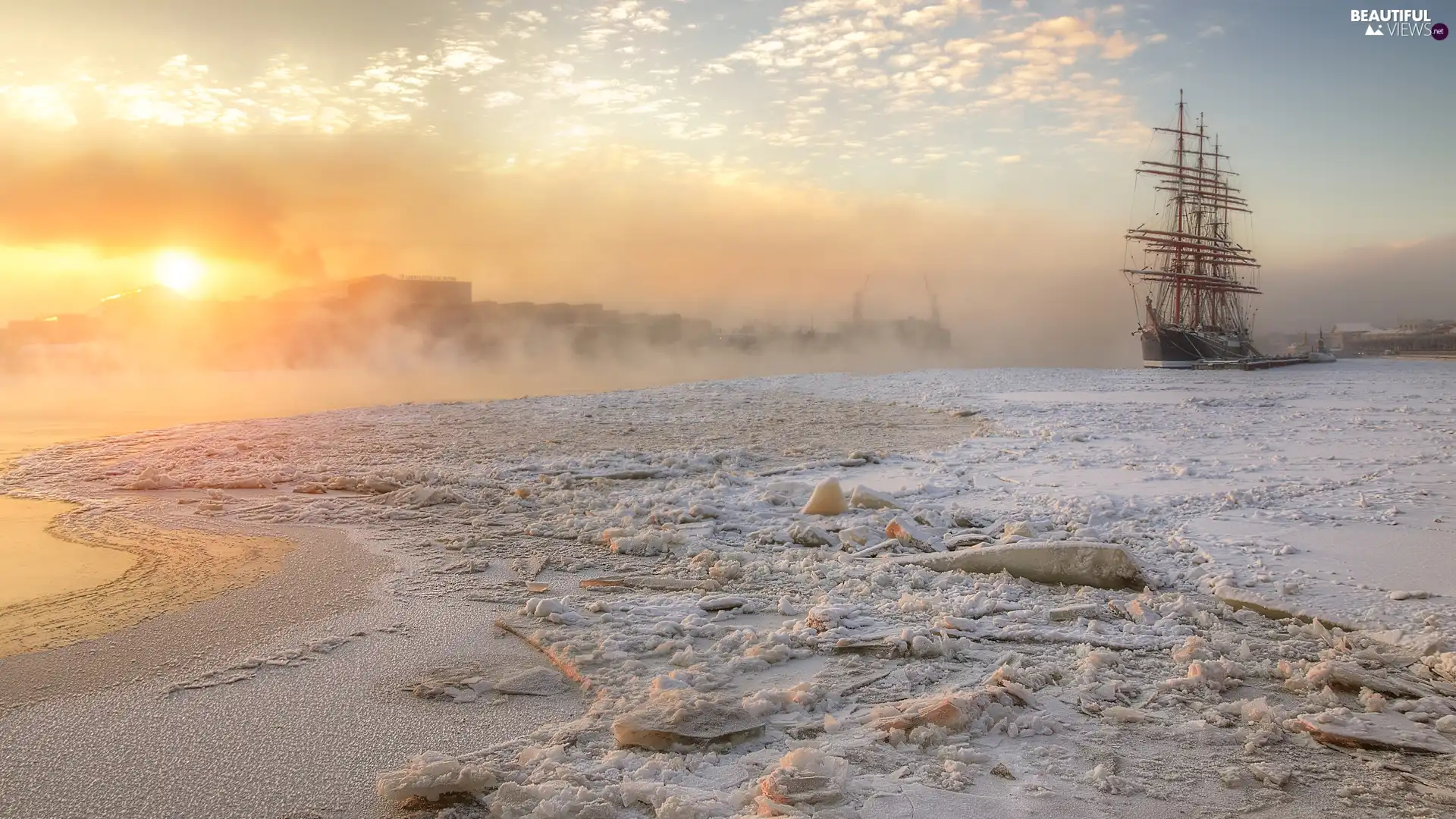 Sunrise, sailing vessel, River, snow, winter