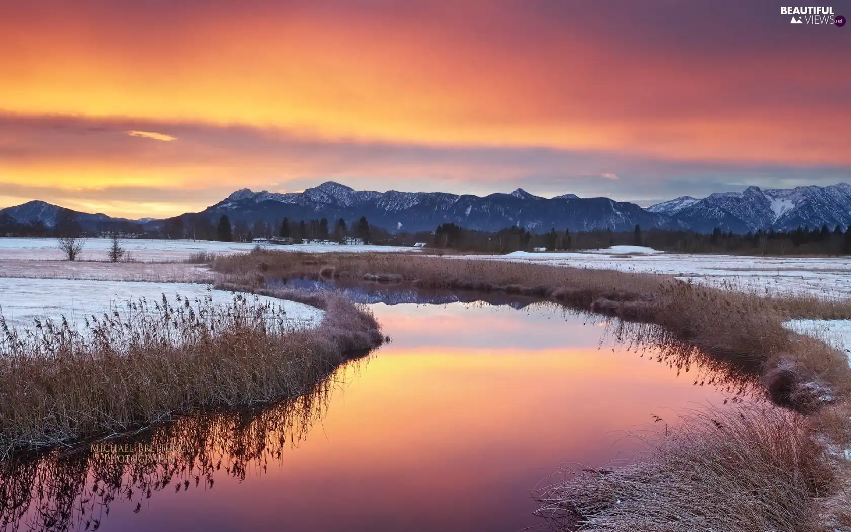 River, winter, sun, Mountains, west