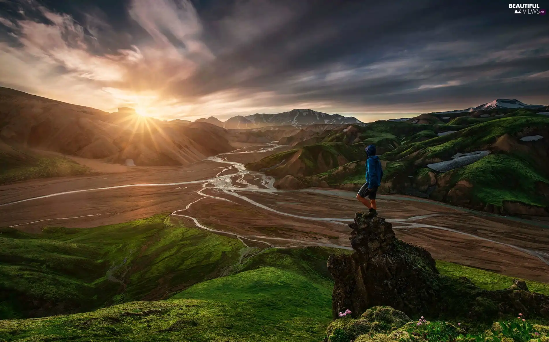 rocks, Mountains, Sunset, woods, Human, rivers, clouds