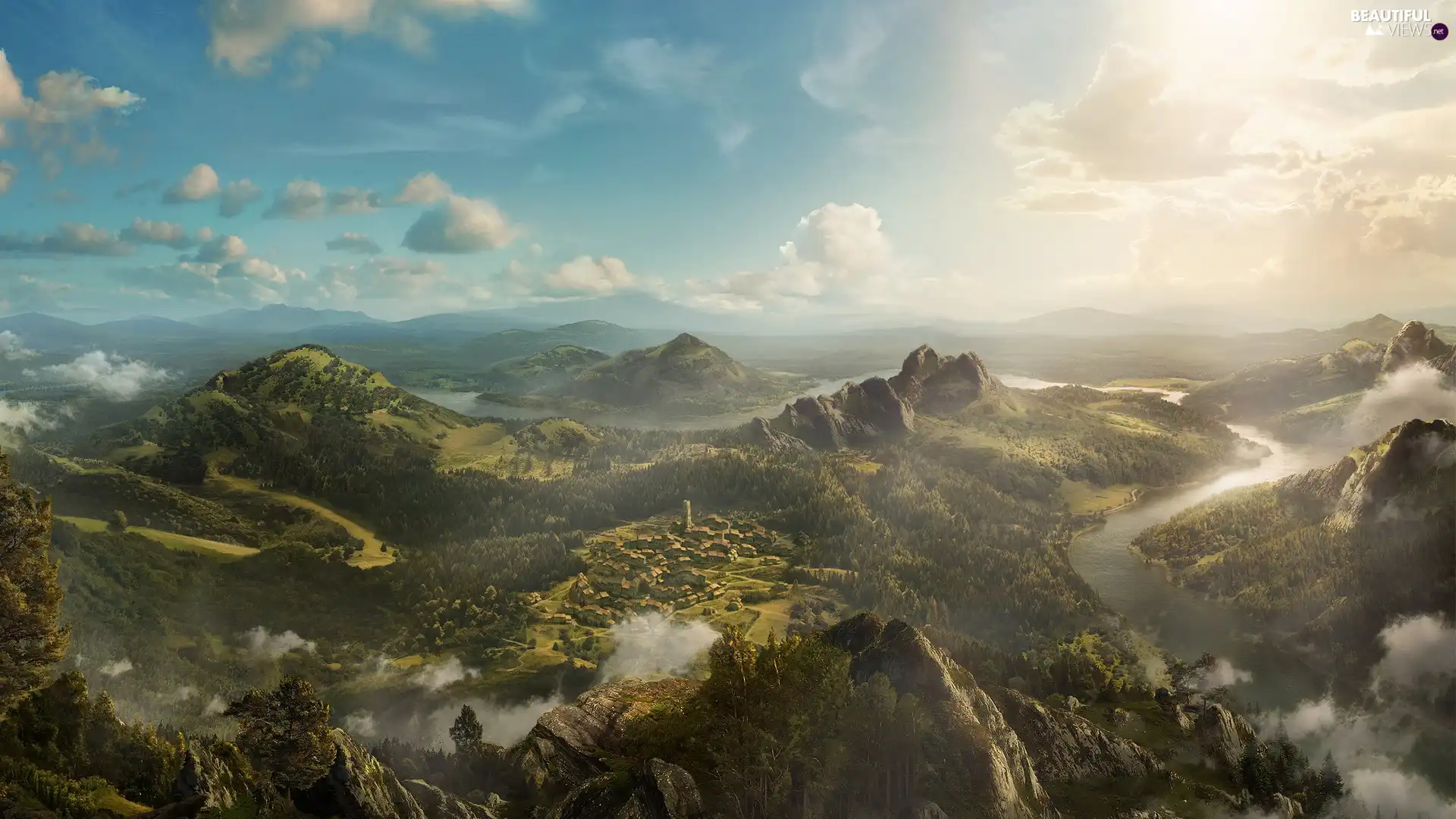 clouds, Valley, Roberto, Oleotto, River, Mountains