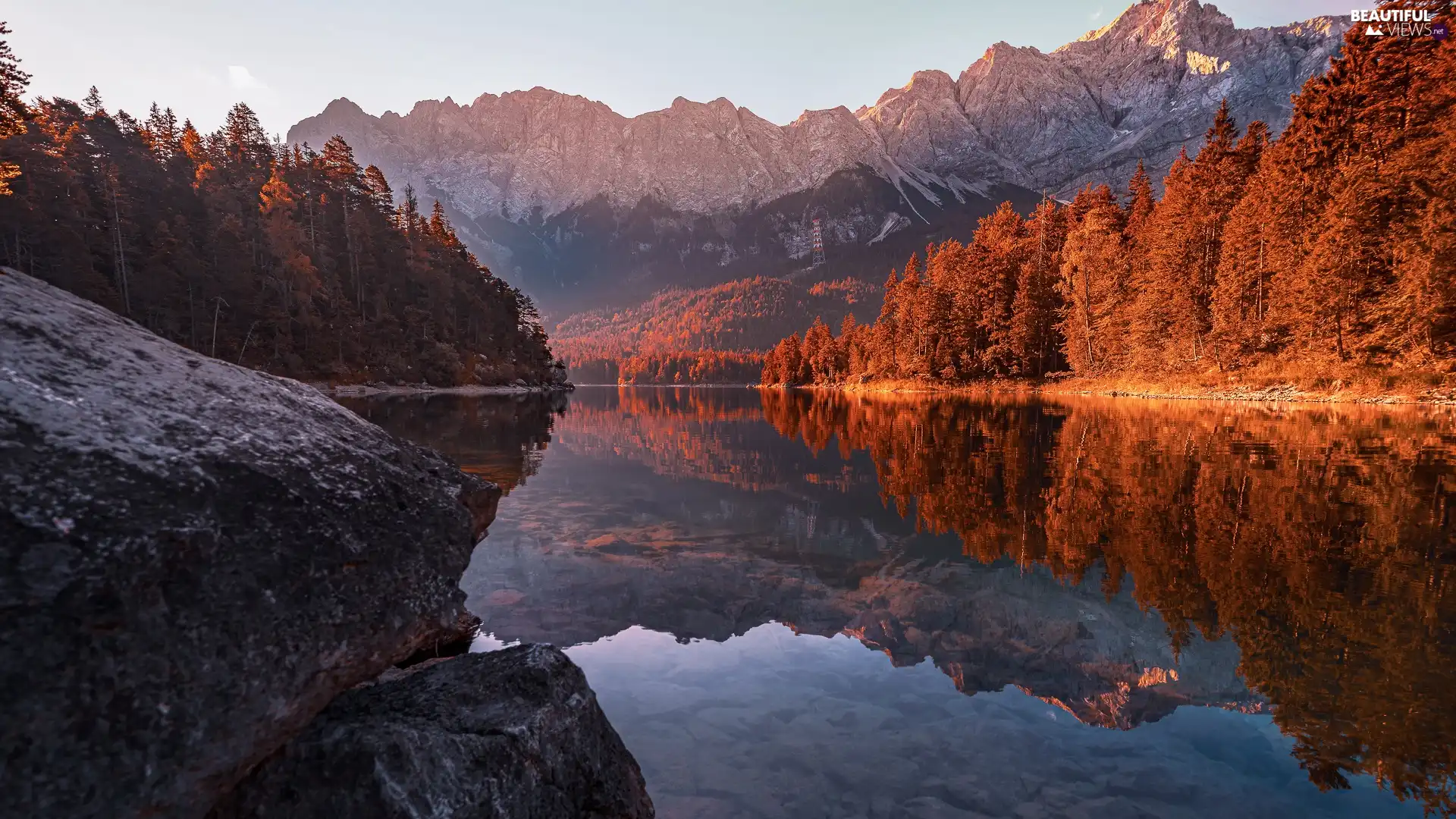 trees, lake, autumn, rocks, Mountains, viewes, reflection