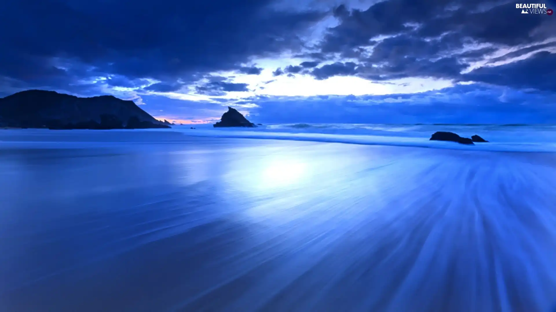 clouds, Beaches, rocks, blue