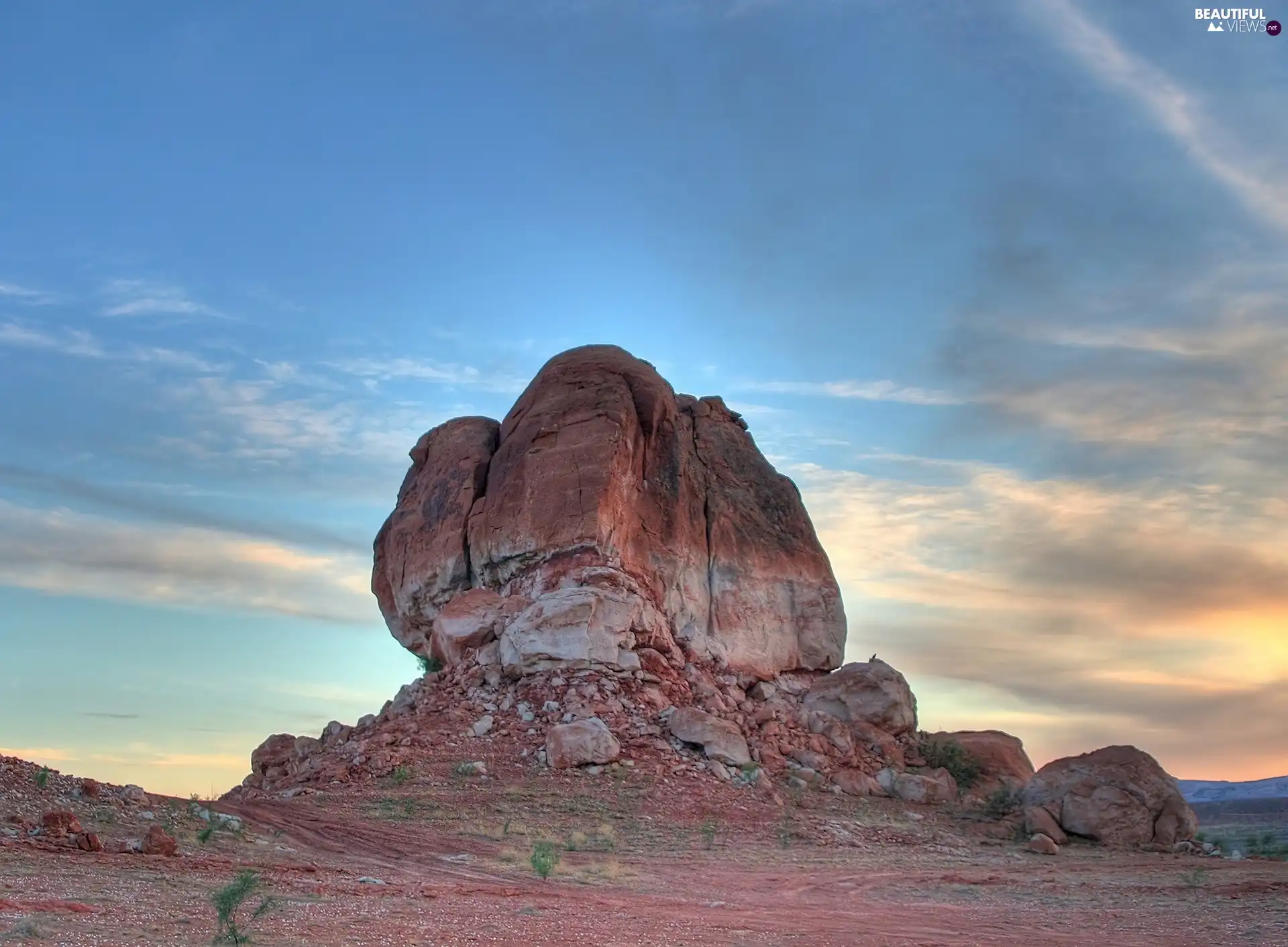 rocks, Desert, clouds