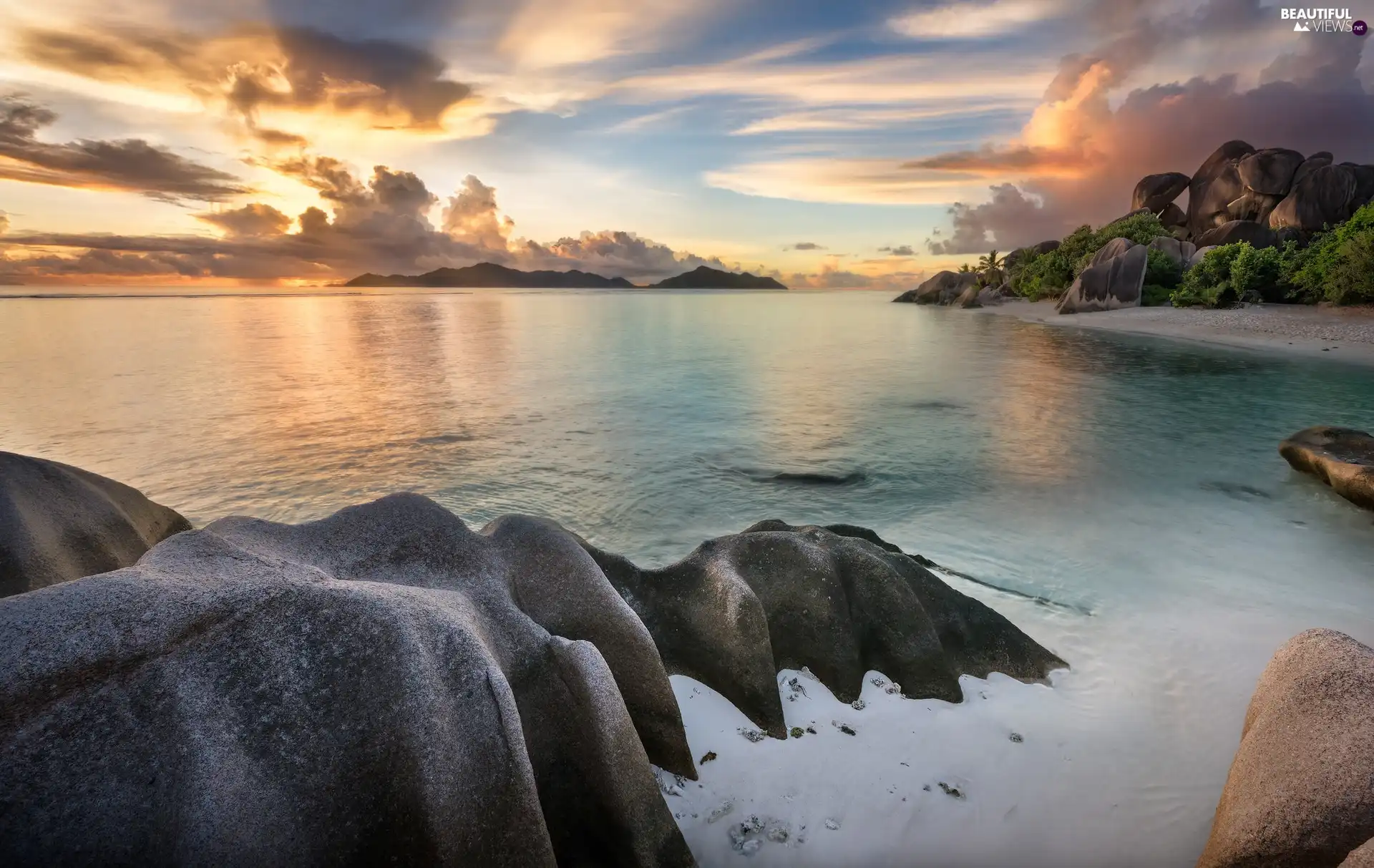 Stones, Anse Source d Argent Beach, Seychelles, clouds, coast, sea, La Digue Island, Great Sunsets, VEGETATION, rocks