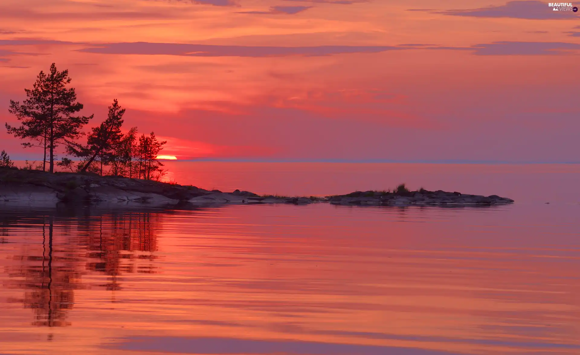 trees, Lake Ladoga, Republic of Karelia, rocks, Great Sunsets, viewes, Russia