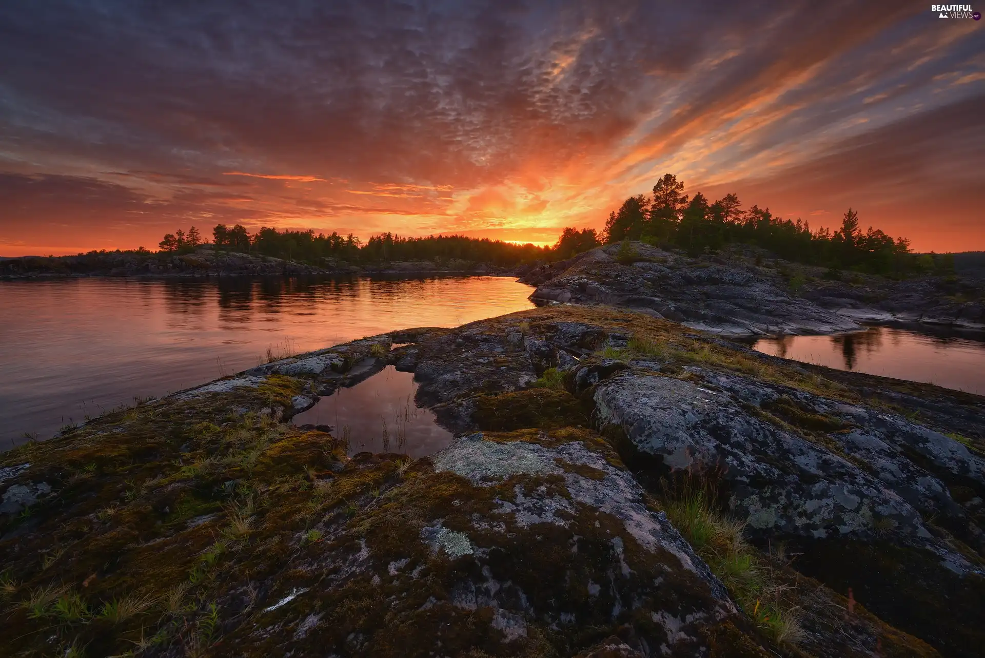 rocks, trees, Karelia, viewes, Lake Ladoga, Great Sunsets, Russia