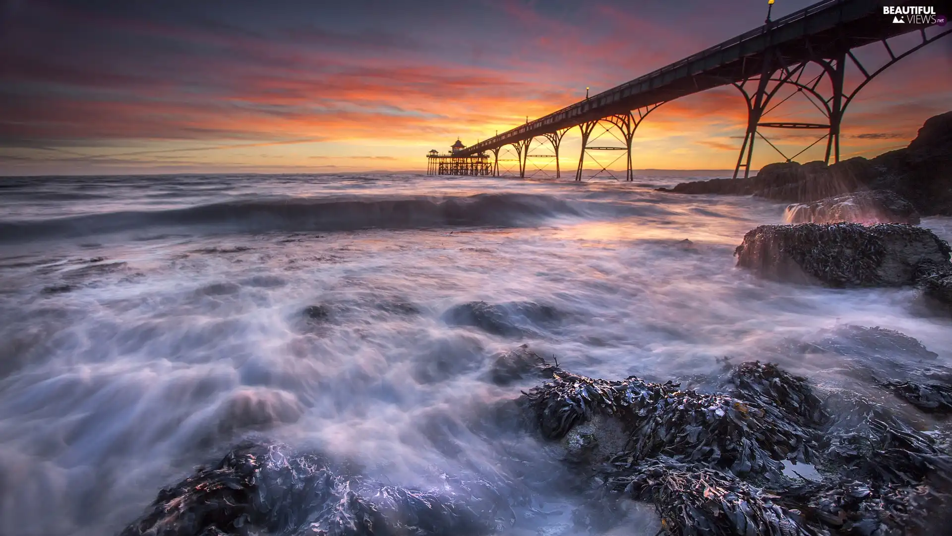 sea, rocks, Great Sunsets, pier