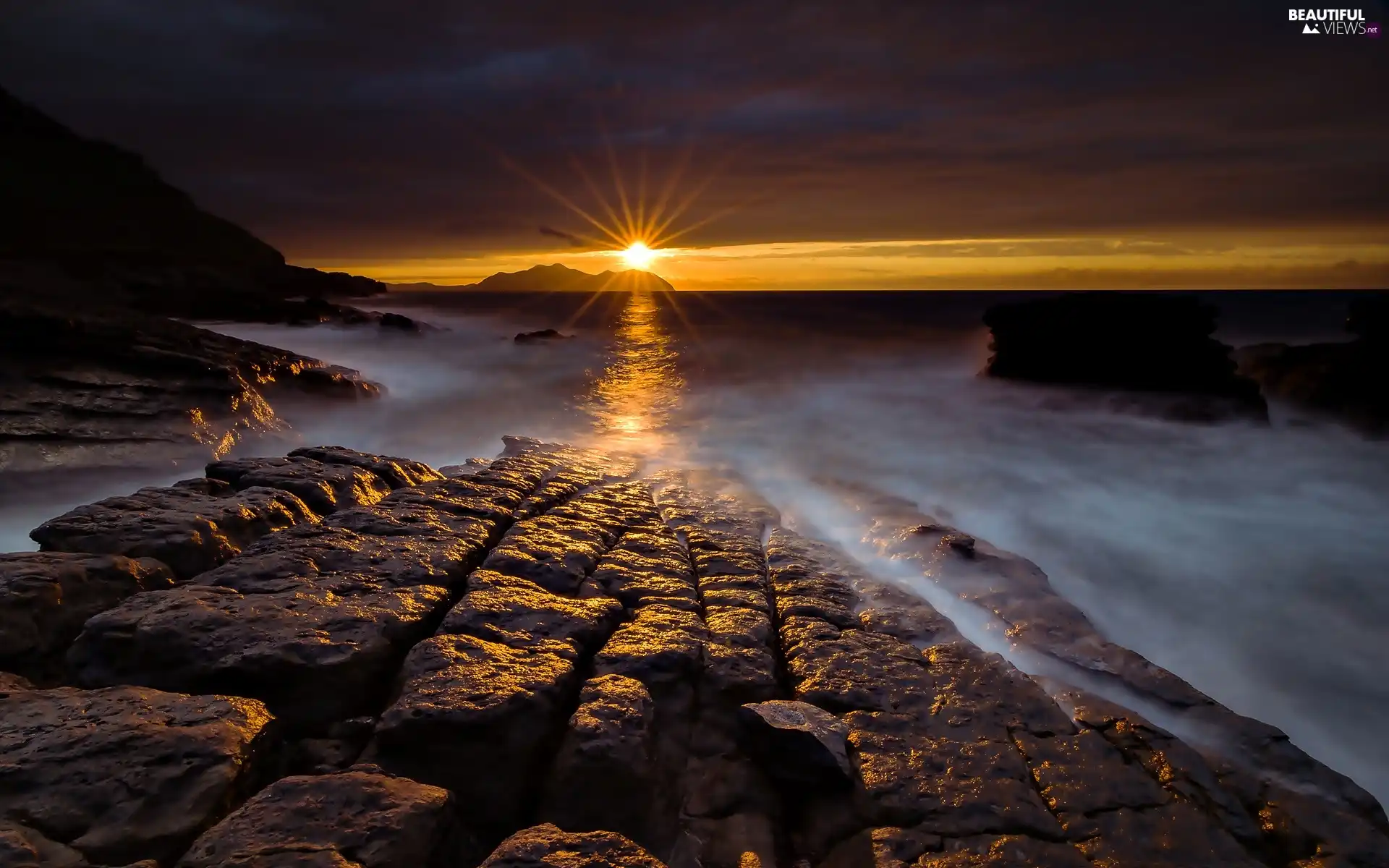 sea, Coast, rocks, Great Sunsets