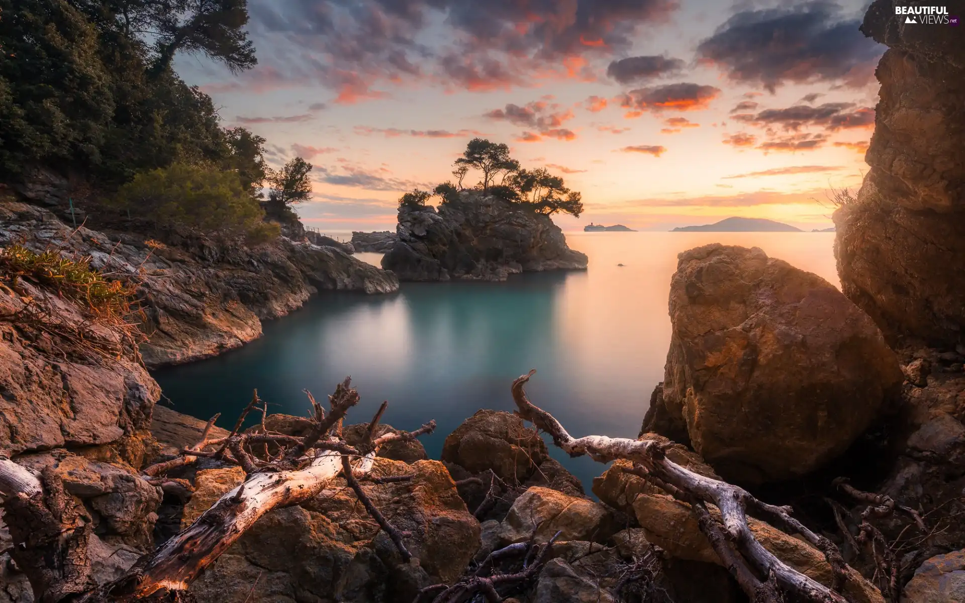 rocks, Stones, Italy, trees, Liguria, sea, Great Sunsets, viewes