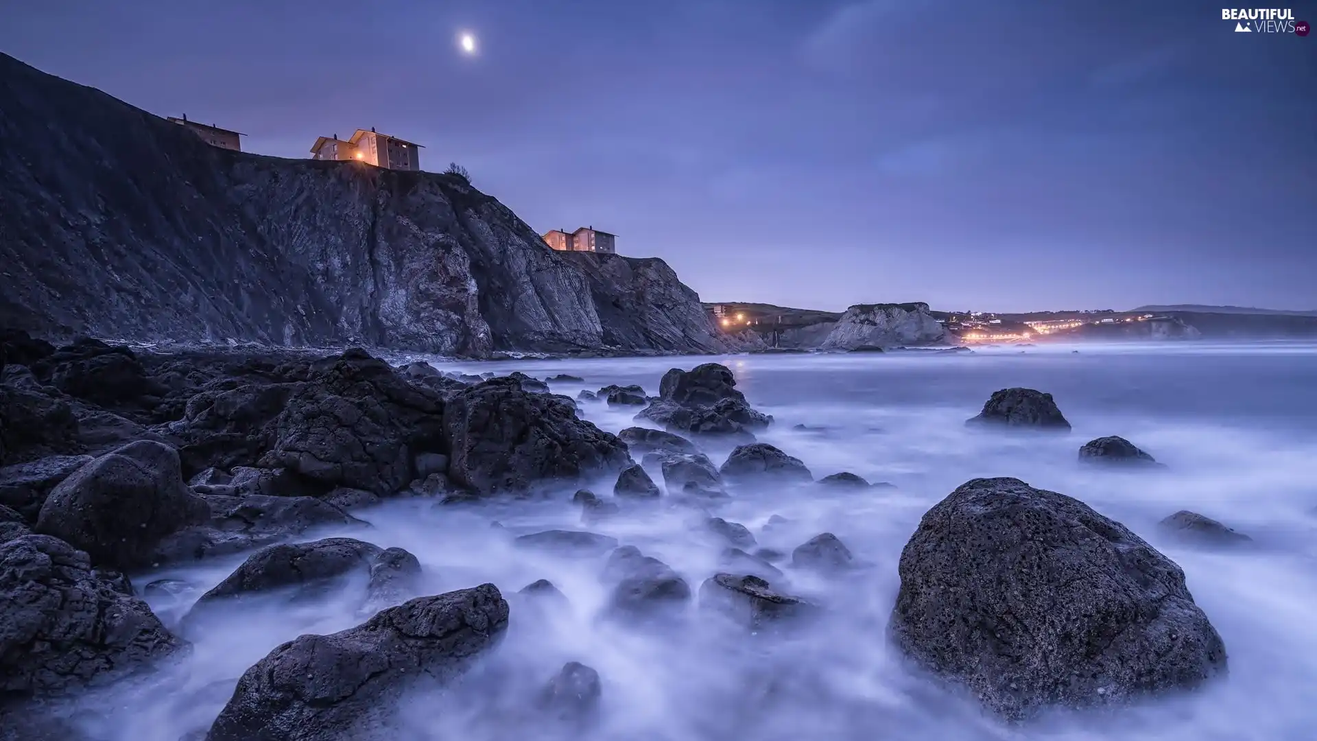 Houses, sea, rocks, Cliffs