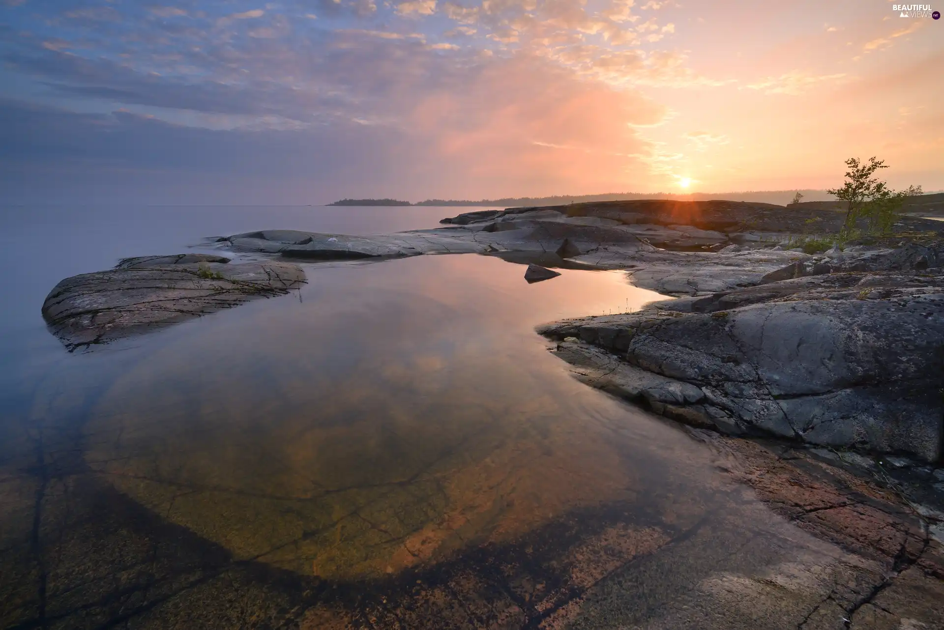 trees, Russia, Sunrise, rocks, Lake Ladoga