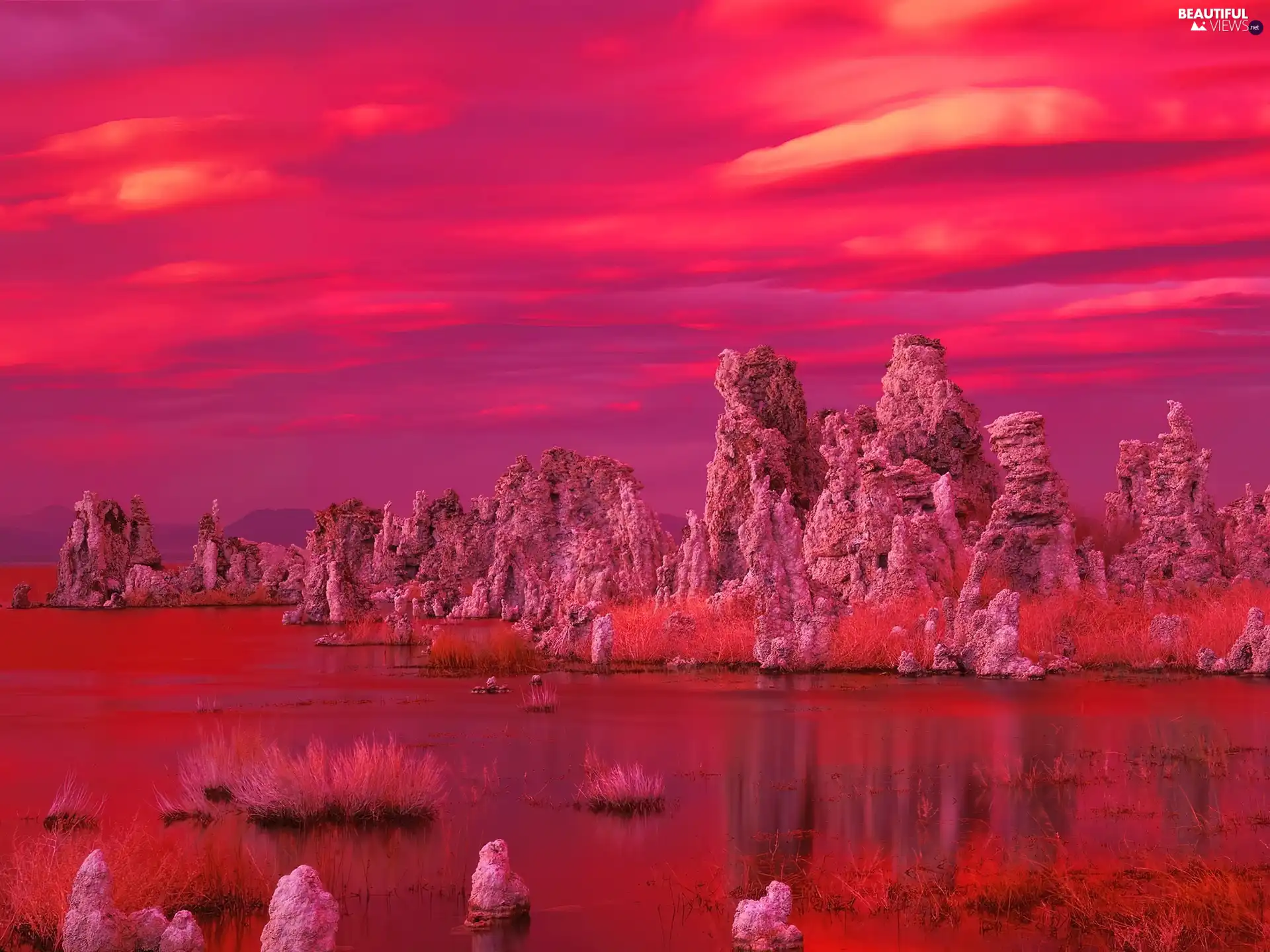 rocks, lake, west, sun, Red