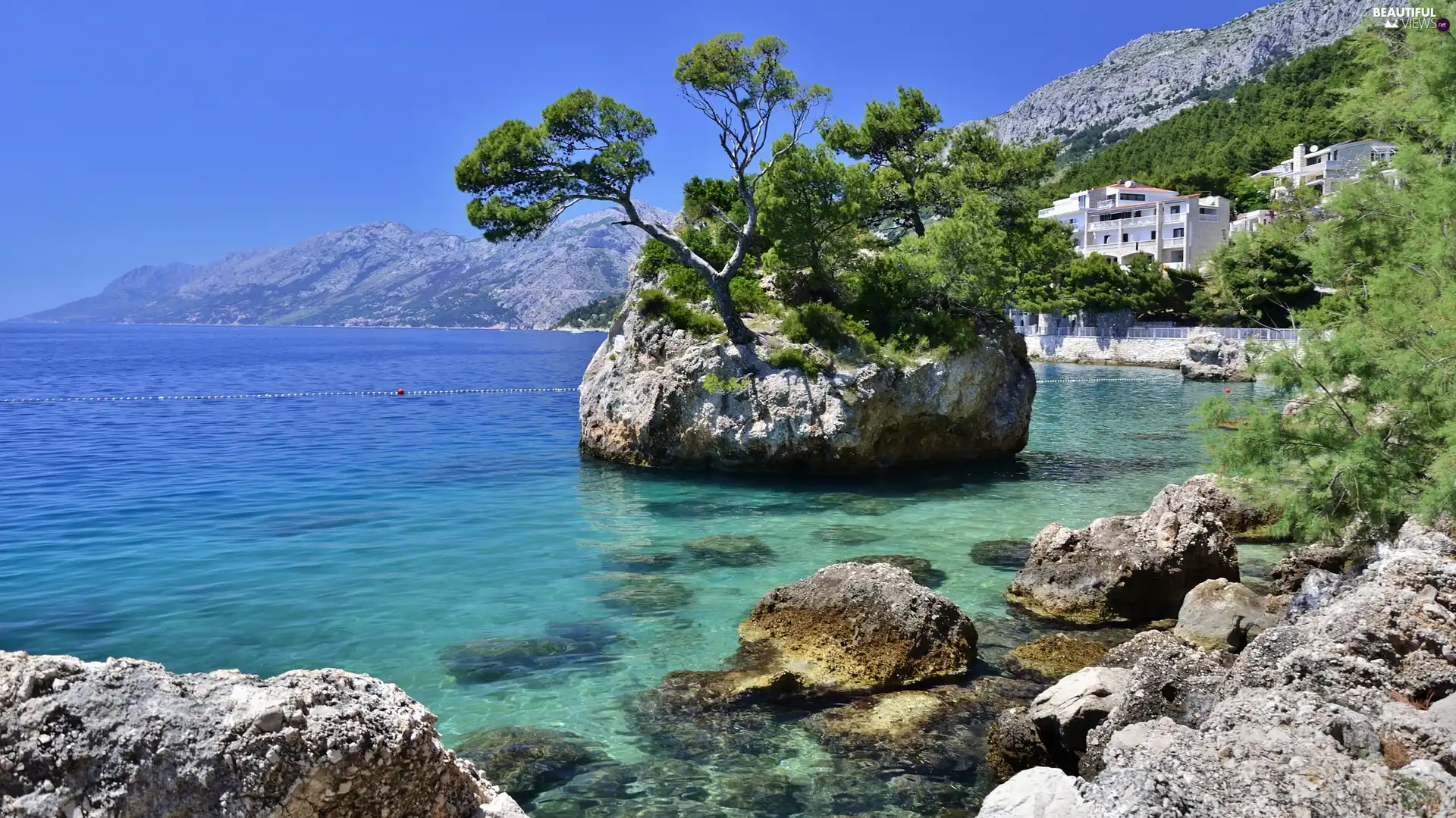 Mountains, Coast, rocks, sea