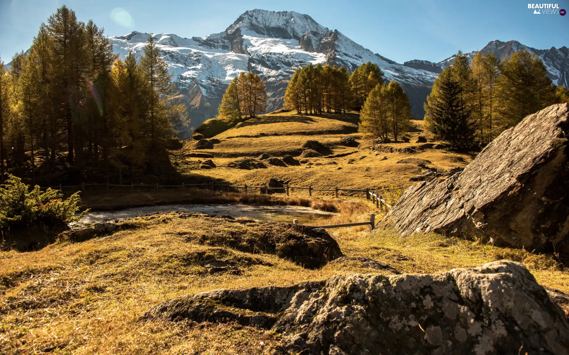 trees, autumn, Fance, rocks, viewes, Mountains