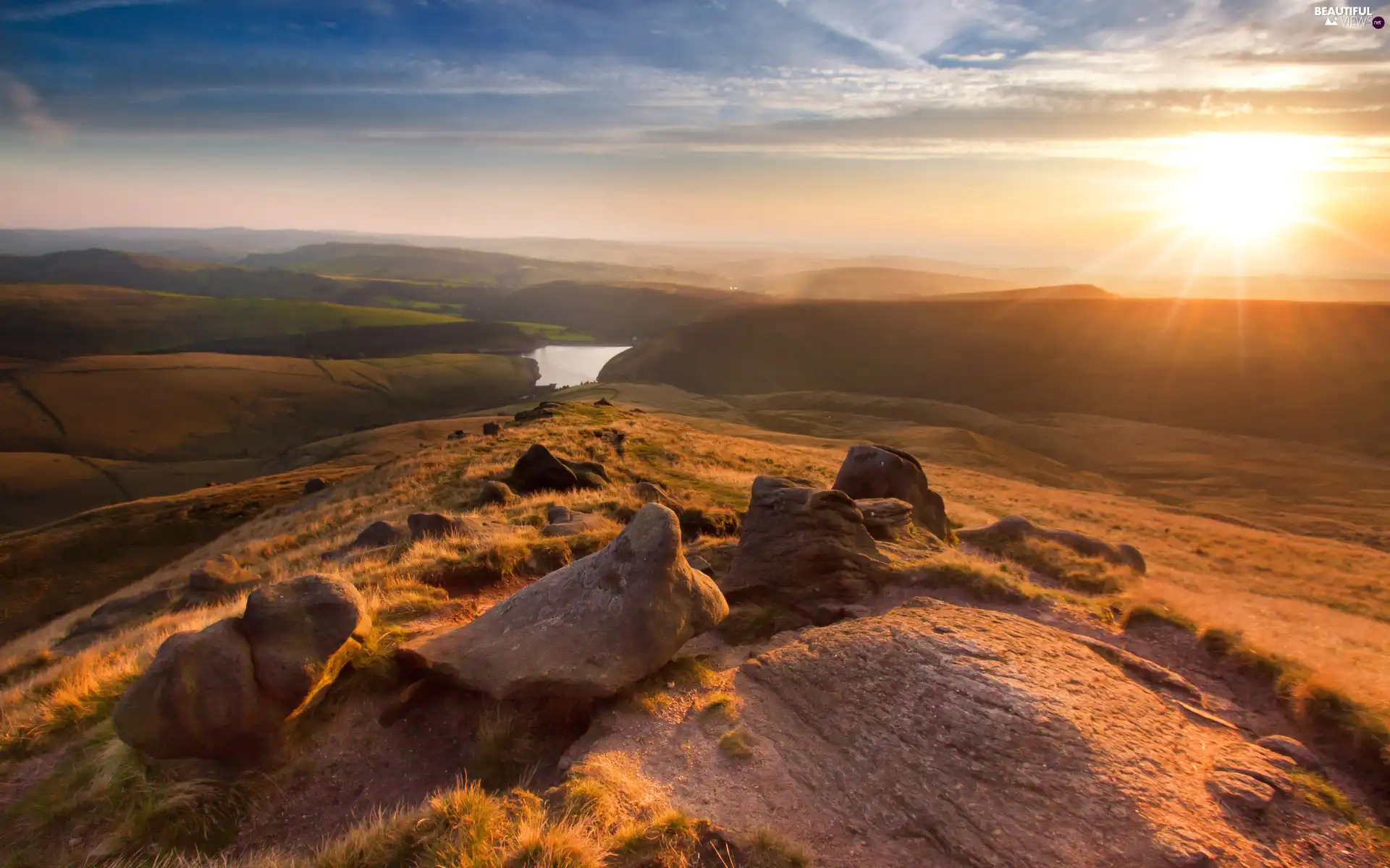 Mountains, sun, rocks, west