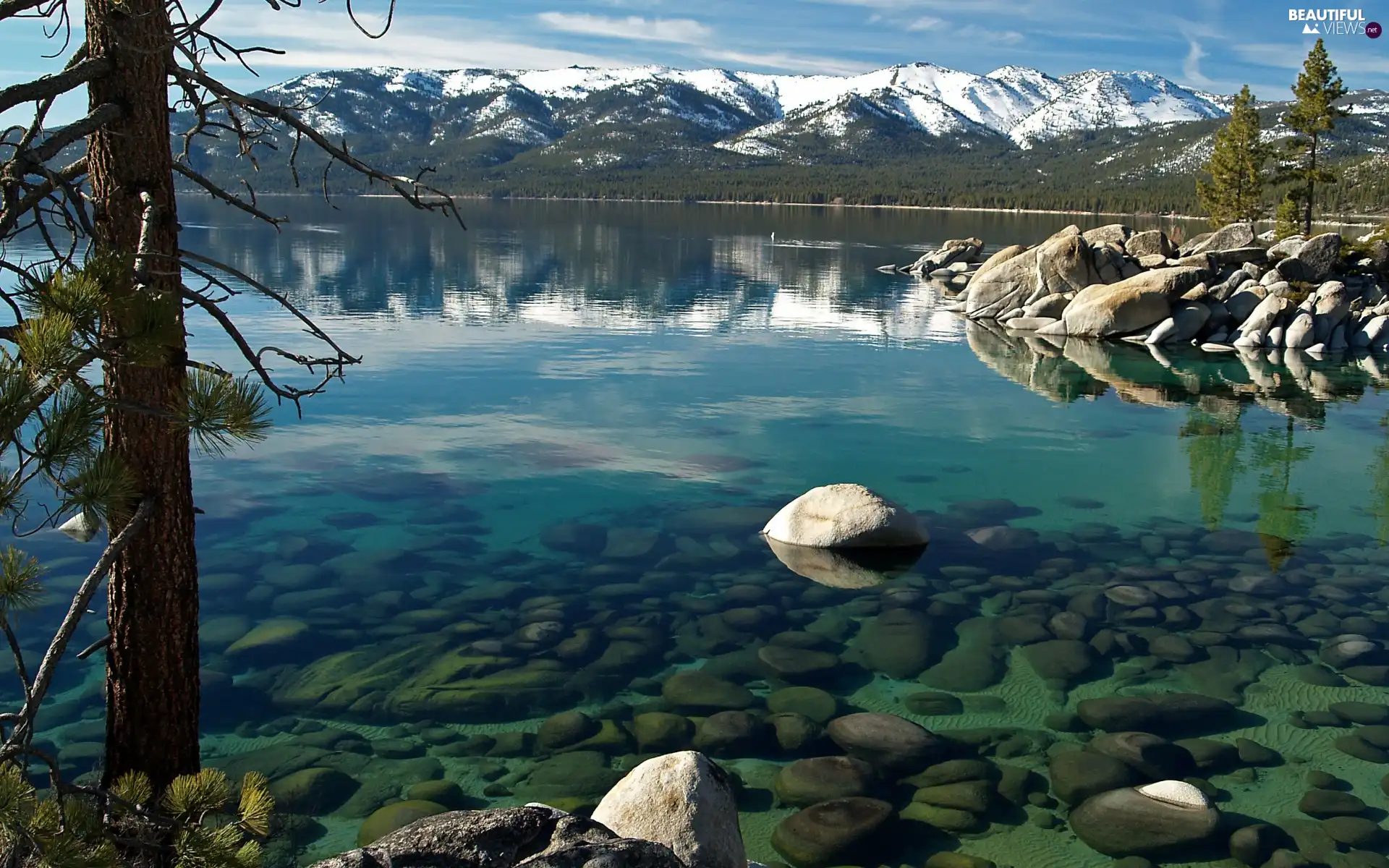 rocks, Mountains, viewes, lake, trees