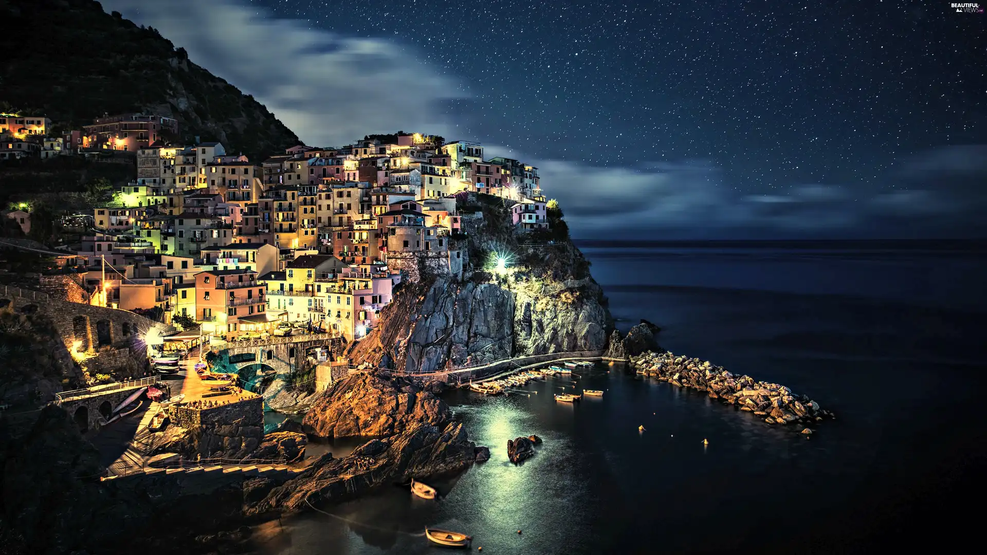 Gulf, Manarola, rocks, Night, sea, Italy